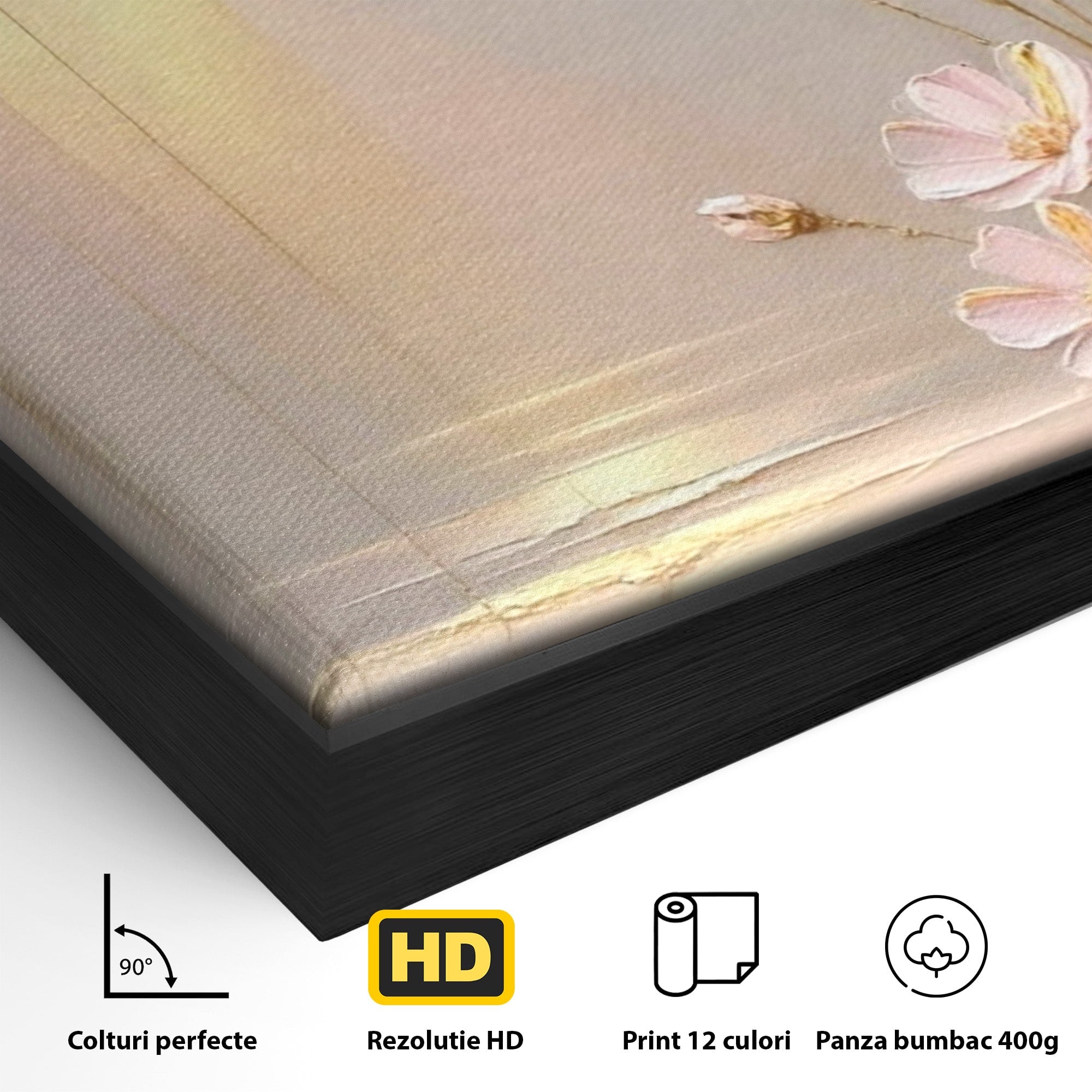 Tablou Canvas Premium LuxCanva® PI1343, Flori In Lumina Aurie, Lac, Primavara, Abstract, Eleganta, Culori Vibrante, Living, Dormitor