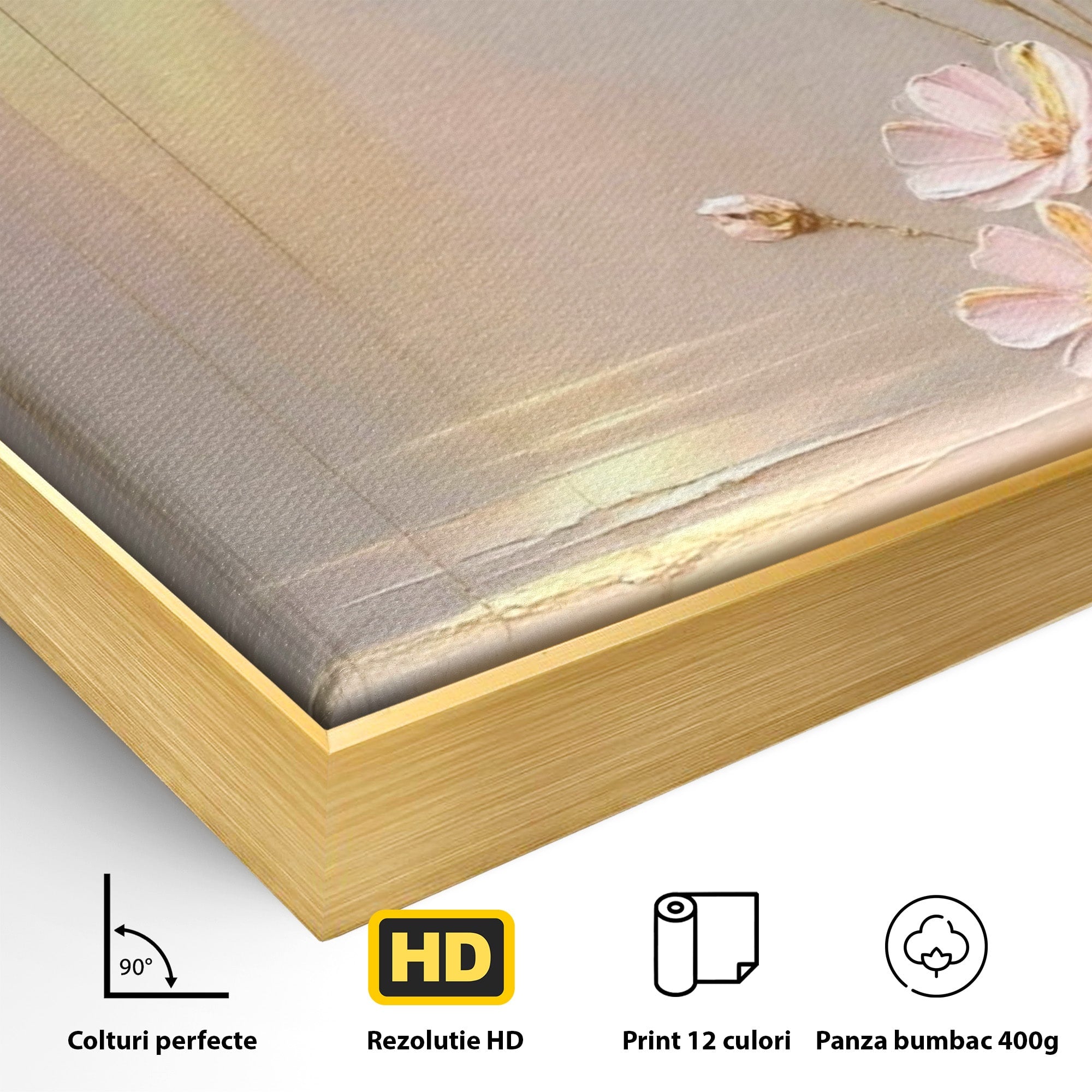 Tablou Canvas Premium LuxCanva® PI1343, Flori In Lumina Aurie, Lac, Primavara, Abstract, Eleganta, Culori Vibrante, Living, Dormitor