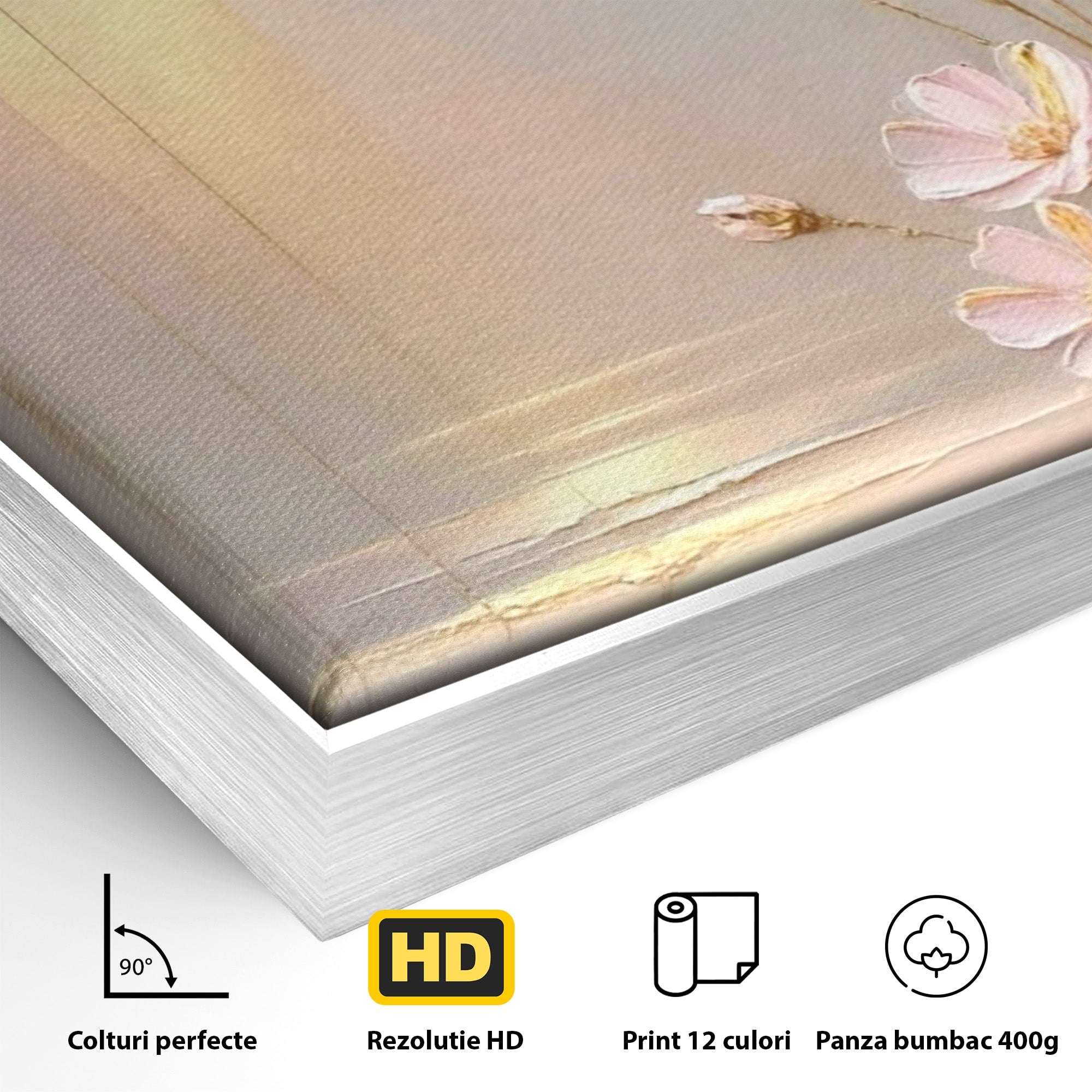 Tablou Canvas Premium LuxCanva® PI1343, Flori In Lumina Aurie, Lac, Primavara, Abstract, Eleganta, Culori Vibrante, Living, Dormitor