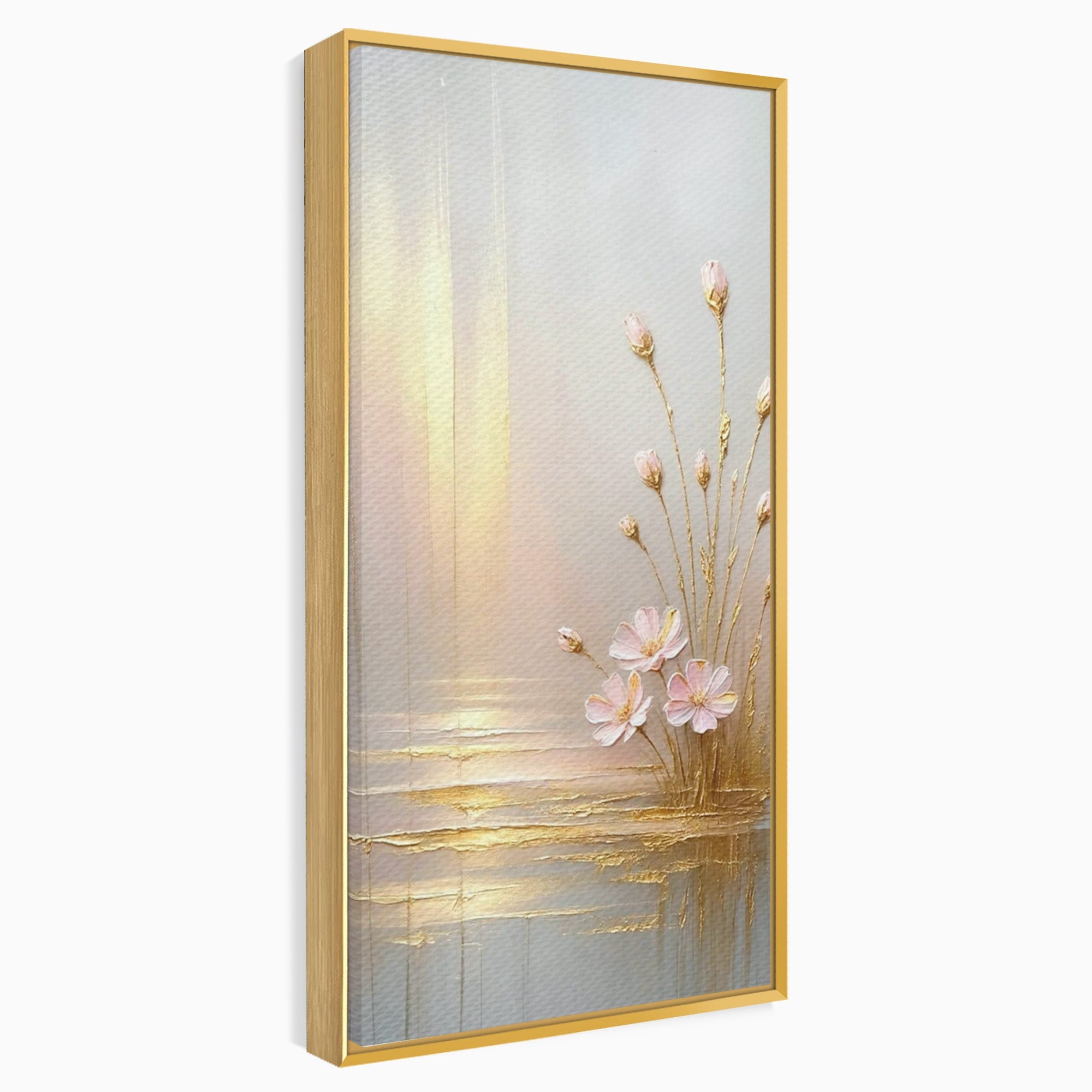 Tablou Canvas Premium LuxCanva® PI1343, Flori In Lumina Aurie, Lac, Primavara, Abstract, Eleganta, Culori Vibrante, Living, Dormitor
