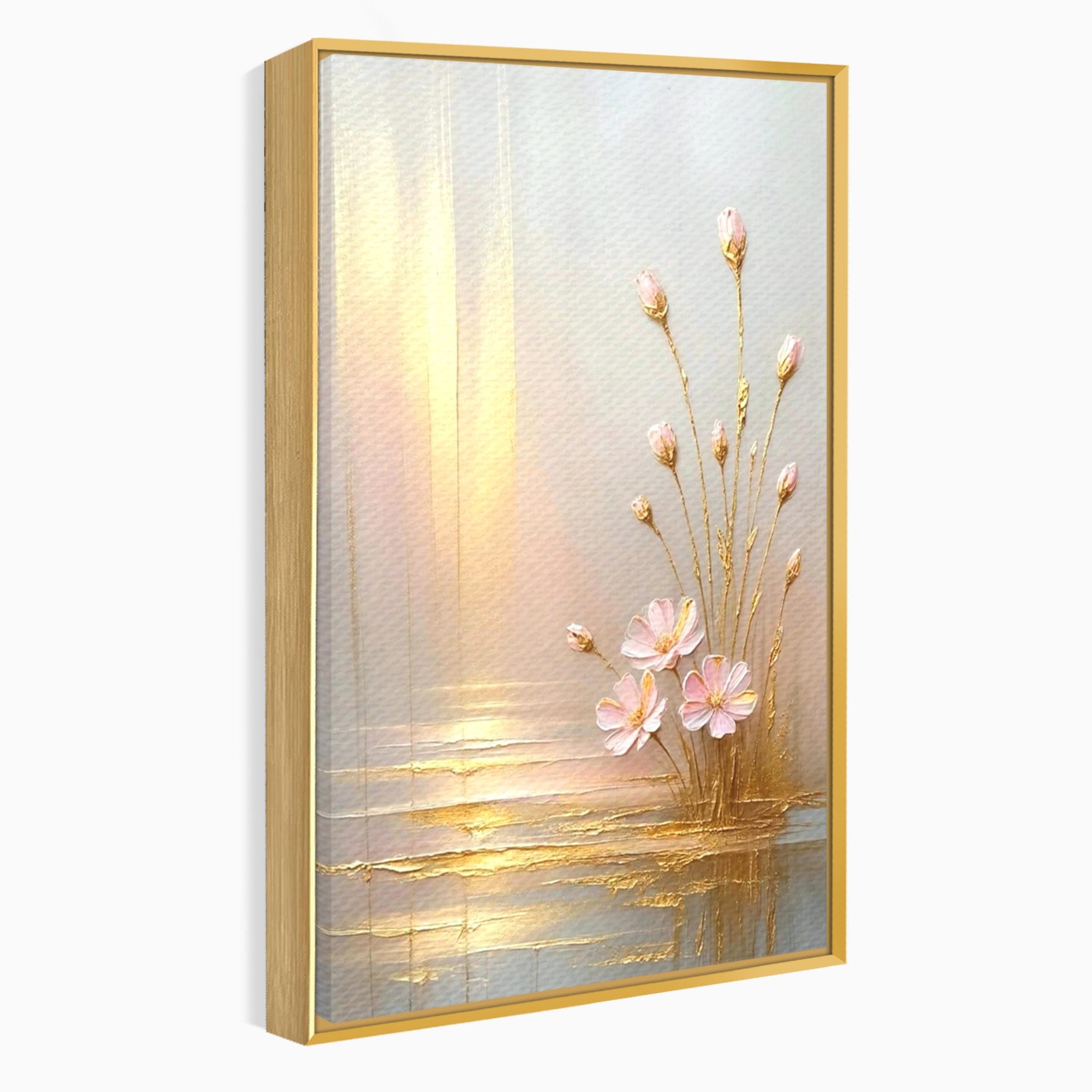 Tablou Canvas Premium LuxCanva® PI1343, Flori In Lumina Aurie, Lac, Primavara, Abstract, Eleganta, Culori Vibrante, Living, Dormitor