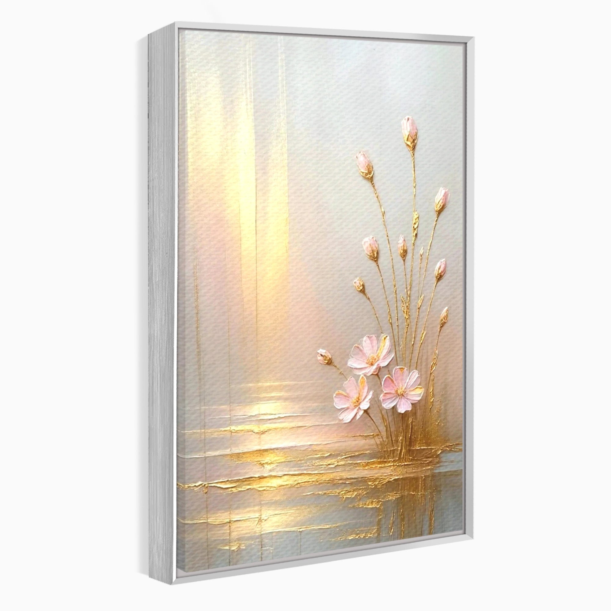 Tablou Canvas Premium LuxCanva® PI1343, Flori In Lumina Aurie, Lac, Primavara, Abstract, Eleganta, Culori Vibrante, Living, Dormitor