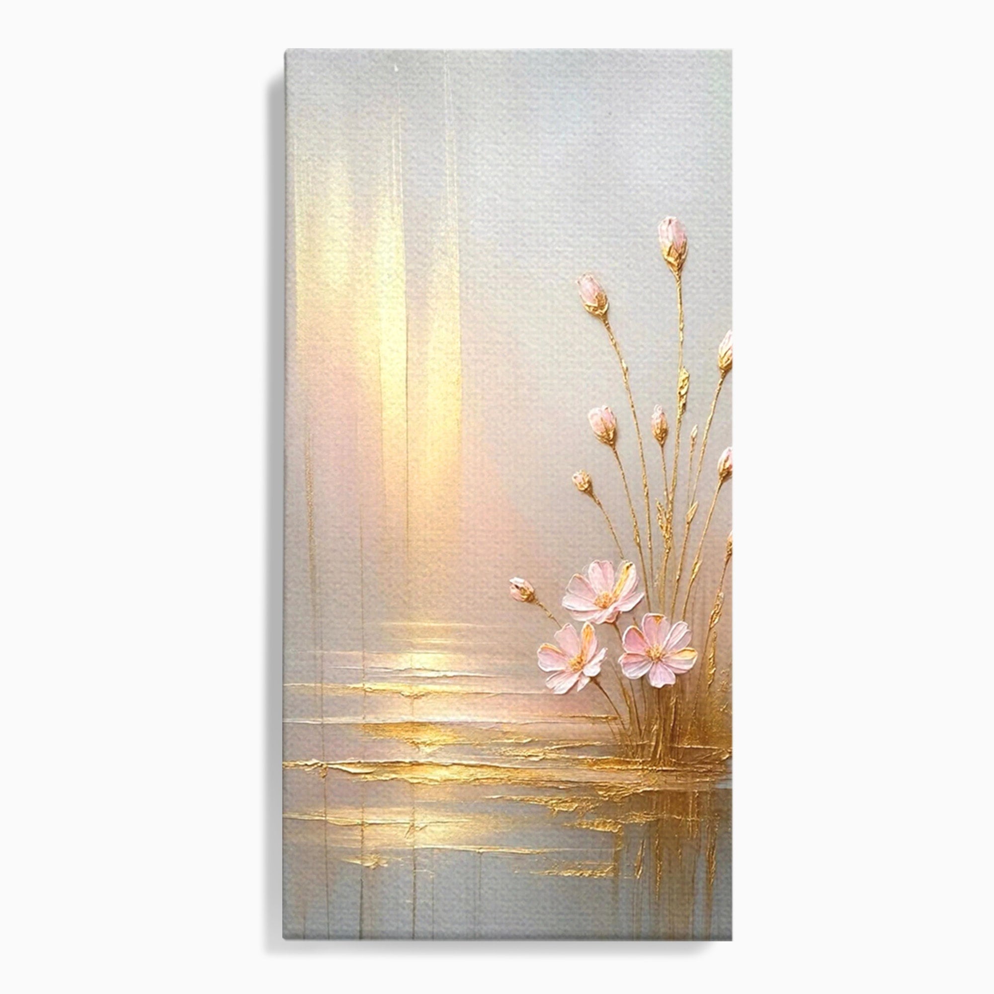 Tablou Canvas Premium LuxCanva® PI1343, Flori In Lumina Aurie, Lac, Primavara, Abstract, Eleganta, Culori Vibrante, Living, Dormitor