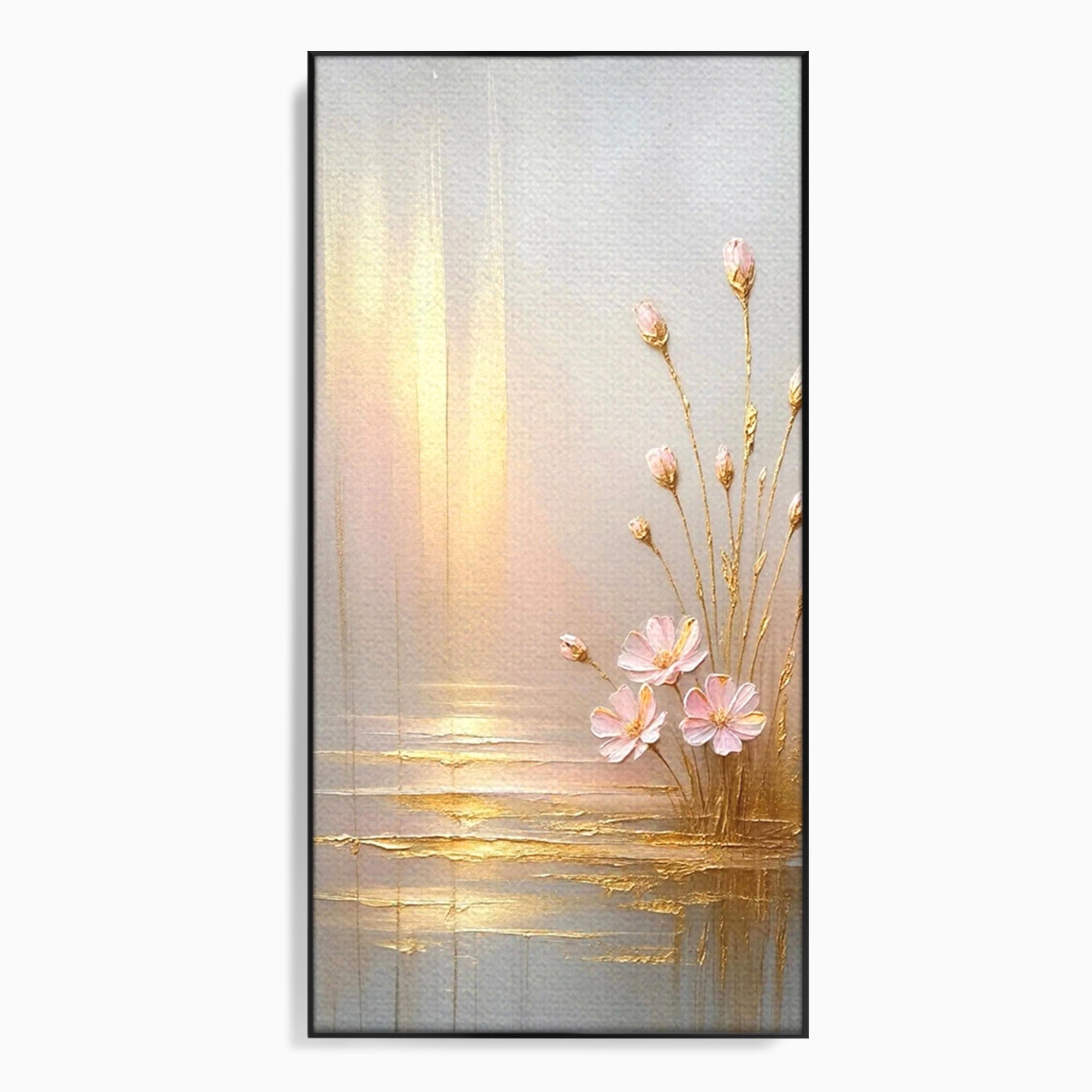 Tablou Canvas Premium LuxCanva® PI1343, Flori In Lumina Aurie, Lac, Primavara, Abstract, Eleganta, Culori Vibrante, Living, Dormitor