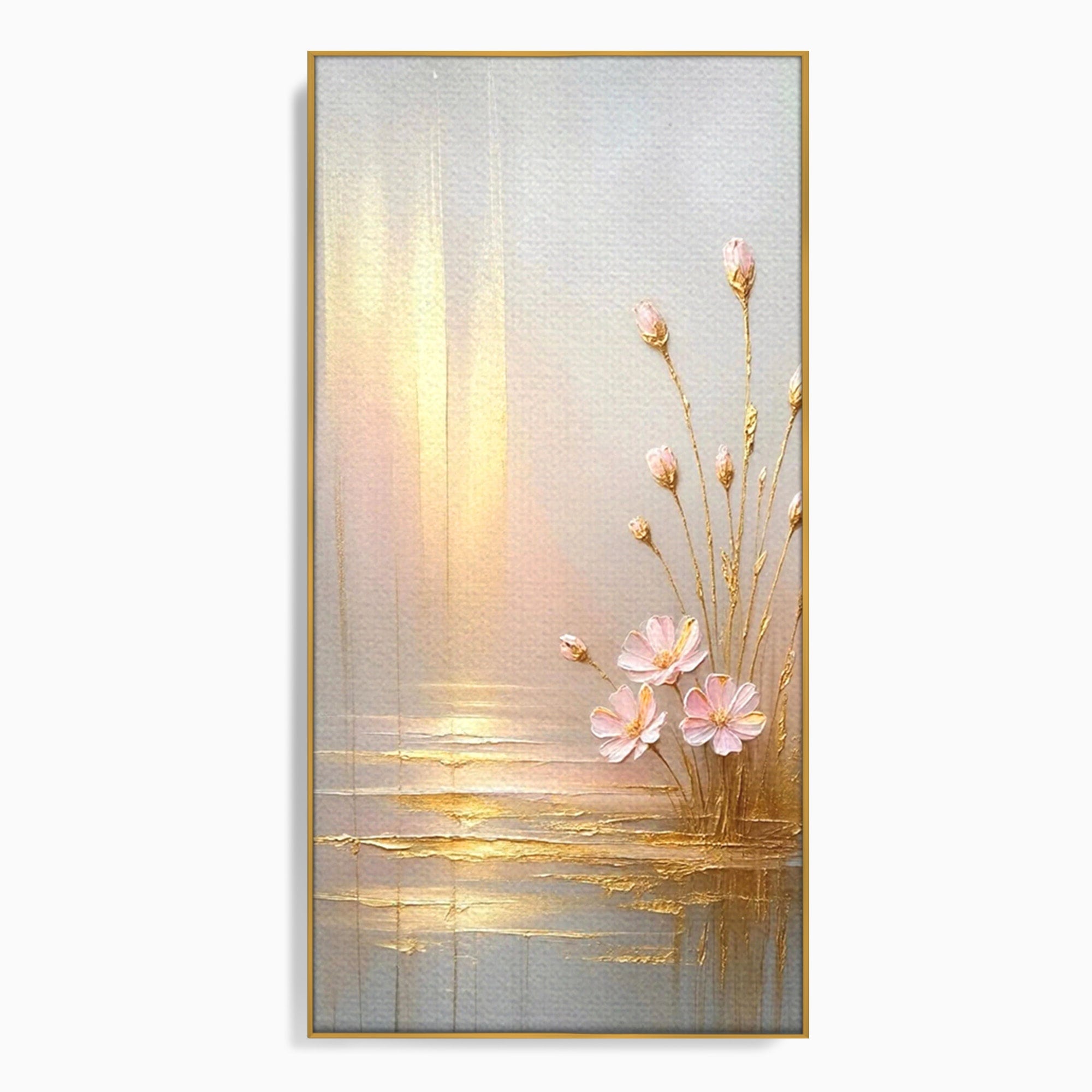 Tablou Canvas Premium LuxCanva® PI1343, Flori In Lumina Aurie, Lac, Primavara, Abstract, Eleganta, Culori Vibrante, Living, Dormitor