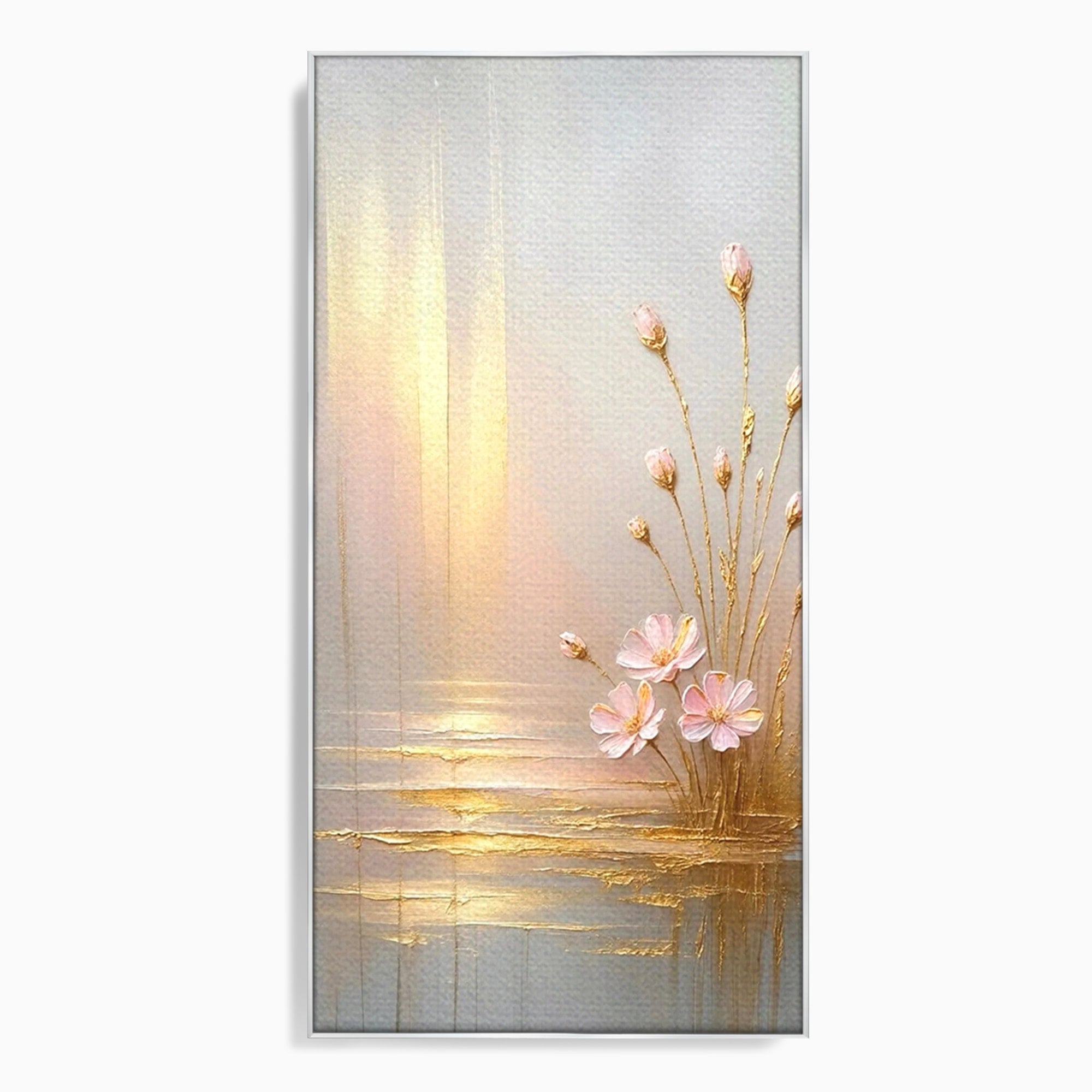 Tablou Canvas Premium LuxCanva® PI1343, Flori In Lumina Aurie, Lac, Primavara, Abstract, Eleganta, Culori Vibrante, Living, Dormitor