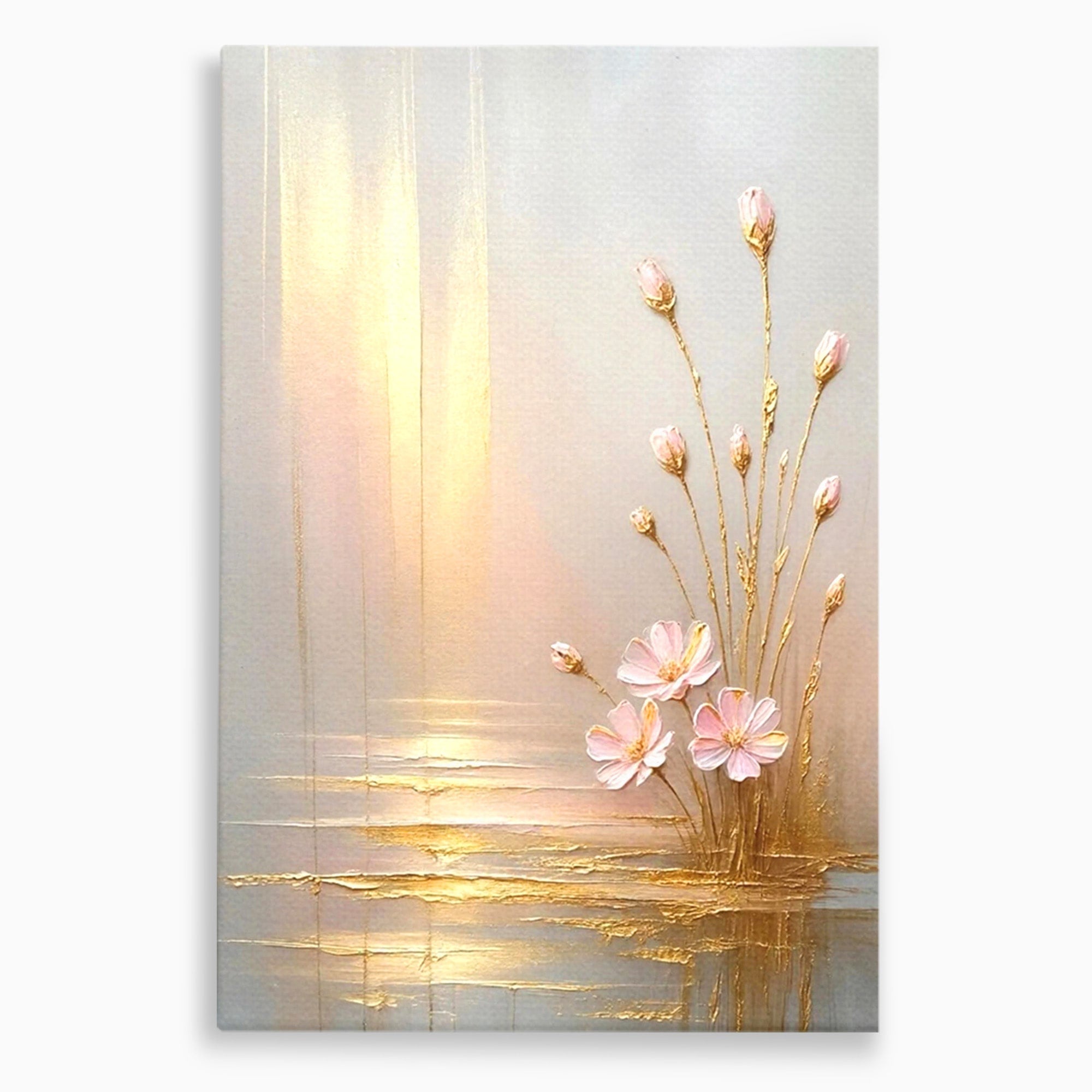 Tablou Canvas Premium LuxCanva® PI1343, Flori In Lumina Aurie, Lac, Primavara, Abstract, Eleganta, Culori Vibrante, Living, Dormitor