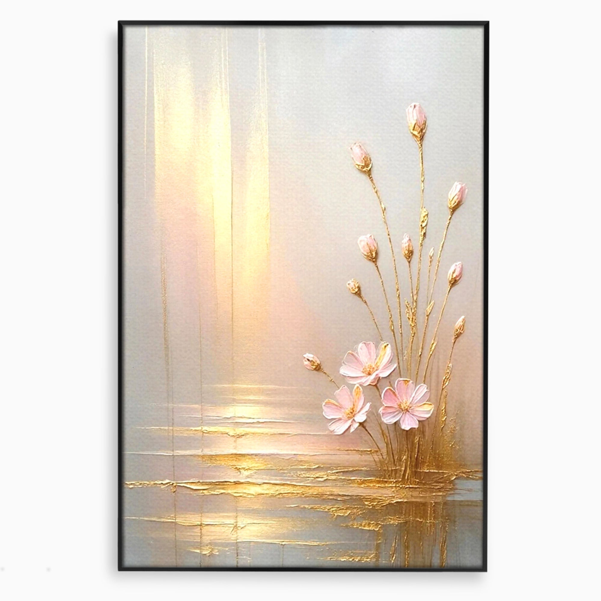 Tablou Canvas Premium LuxCanva® PI1343, Flori In Lumina Aurie, Lac, Primavara, Abstract, Eleganta, Culori Vibrante, Living, Dormitor