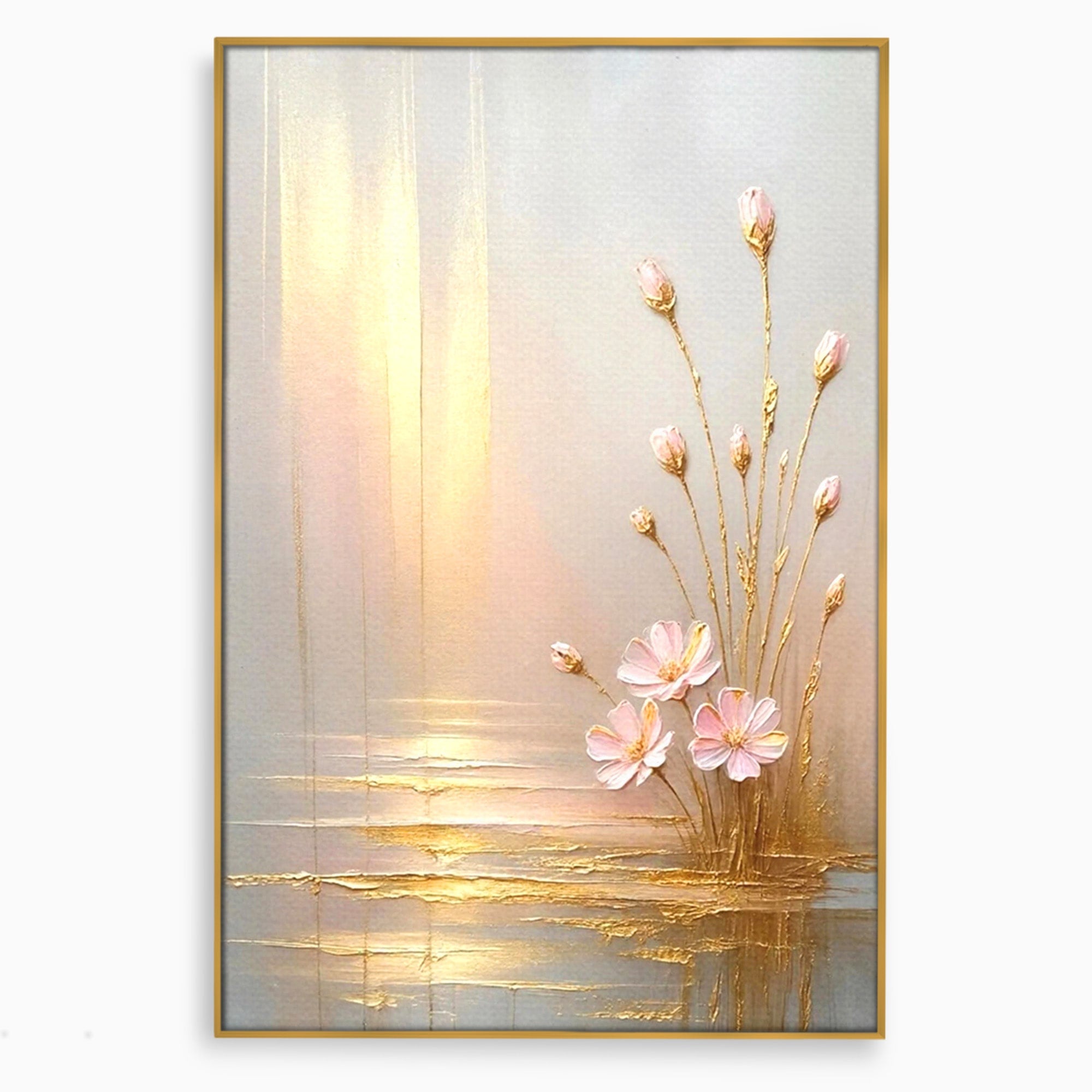 Tablou Canvas Premium LuxCanva® PI1343, Flori In Lumina Aurie, Lac, Primavara, Abstract, Eleganta, Culori Vibrante, Living, Dormitor