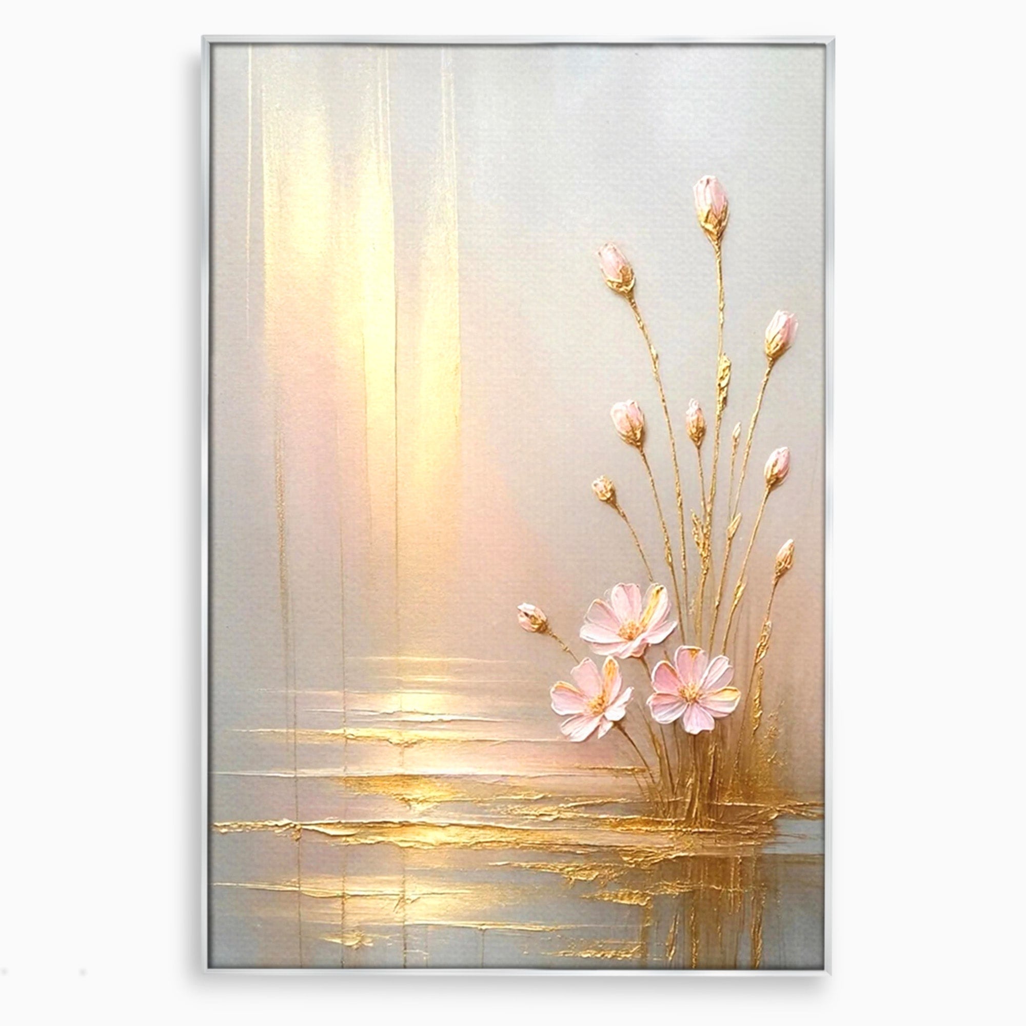 Tablou Canvas Premium LuxCanva® PI1343, Flori In Lumina Aurie, Lac, Primavara, Abstract, Eleganta, Culori Vibrante, Living, Dormitor