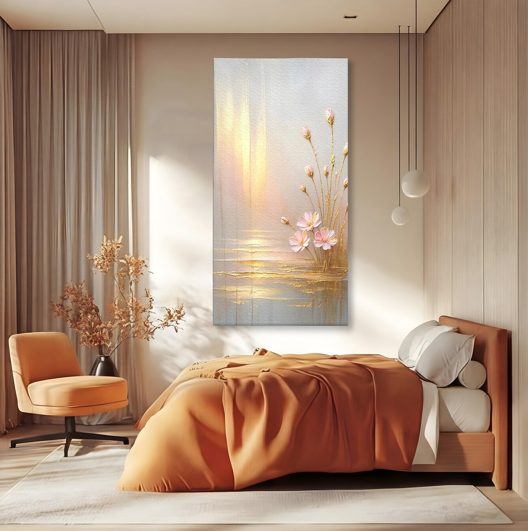 Tablou Canvas Premium LuxCanva® PI1343, Flori In Lumina Aurie, Lac, Primavara, Abstract, Eleganta, Culori Vibrante, Living, Dormitor