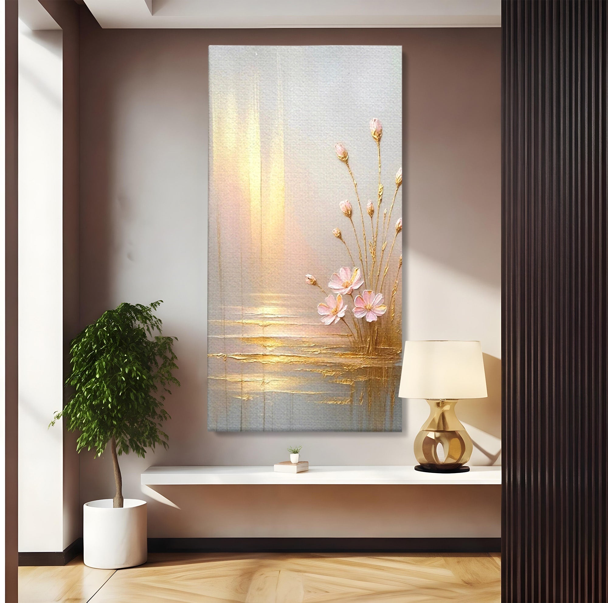 Tablou Canvas Premium LuxCanva® PI1343, Flori In Lumina Aurie, Lac, Primavara, Abstract, Eleganta, Culori Vibrante, Living, Dormitor
