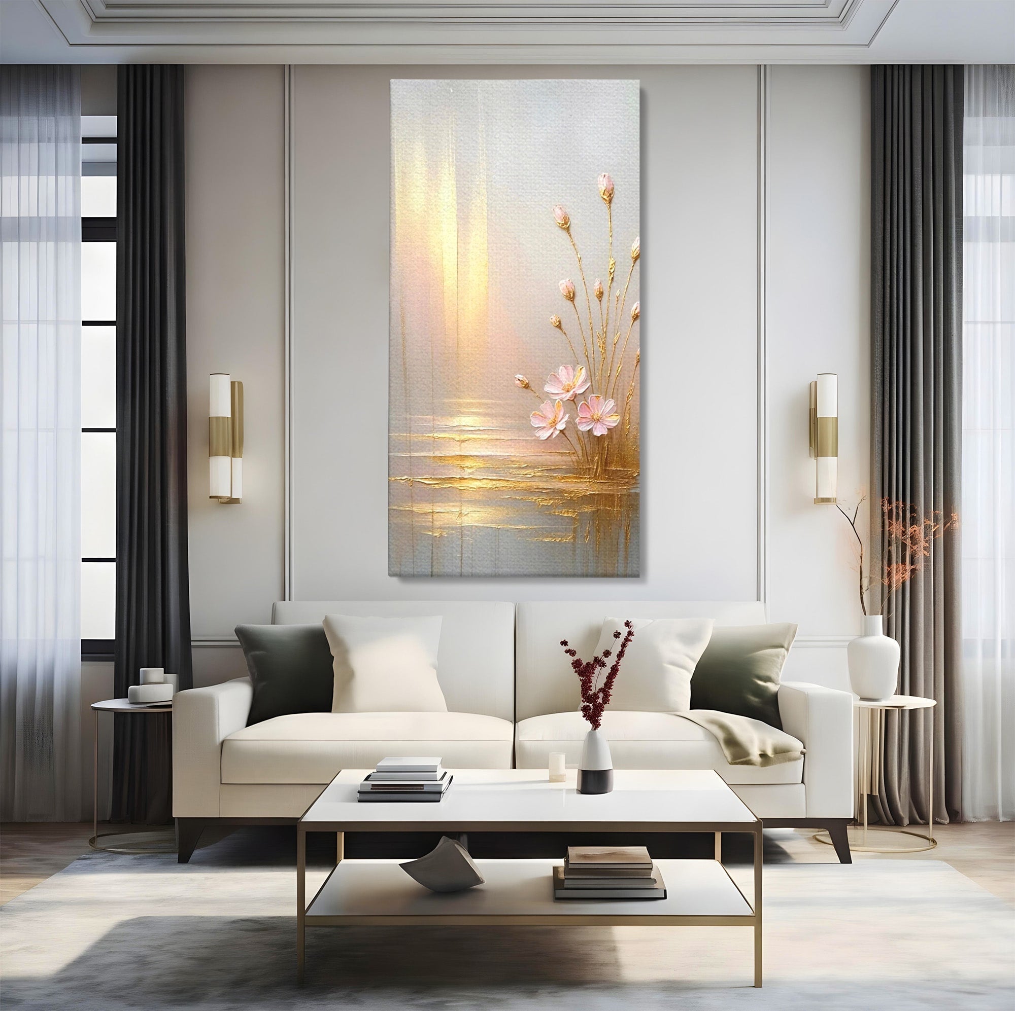 Tablou Canvas Premium LuxCanva® PI1343, Flori In Lumina Aurie, Lac, Primavara, Abstract, Eleganta, Culori Vibrante, Living, Dormitor