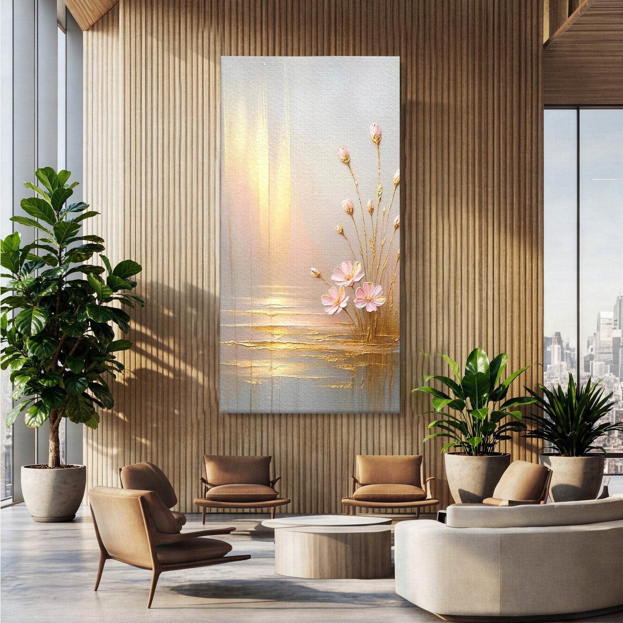 Tablou Canvas Premium LuxCanva® PI1343, Flori In Lumina Aurie, Lac, Primavara, Abstract, Eleganta, Culori Vibrante, Living, Dormitor