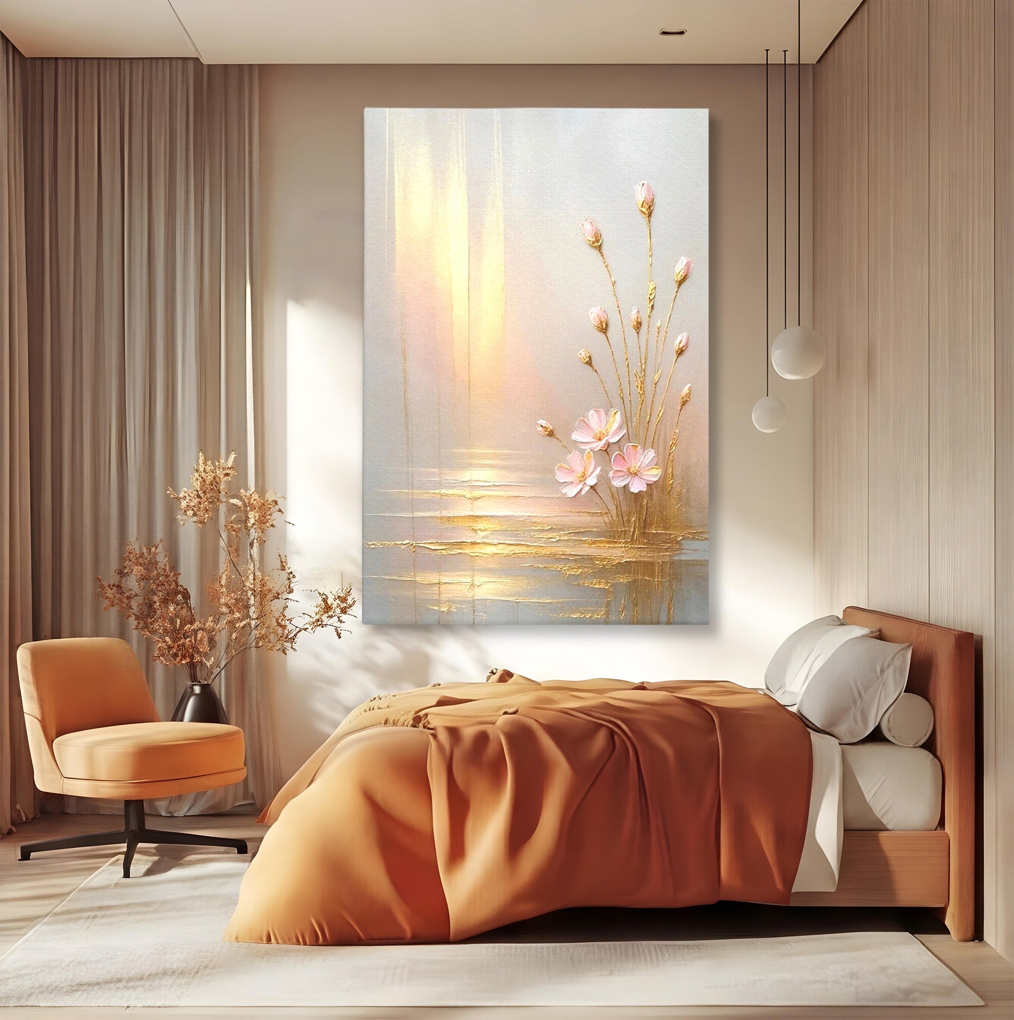 Tablou Canvas Premium LuxCanva® PI1343, Flori In Lumina Aurie, Lac, Primavara, Abstract, Eleganta, Culori Vibrante, Living, Dormitor