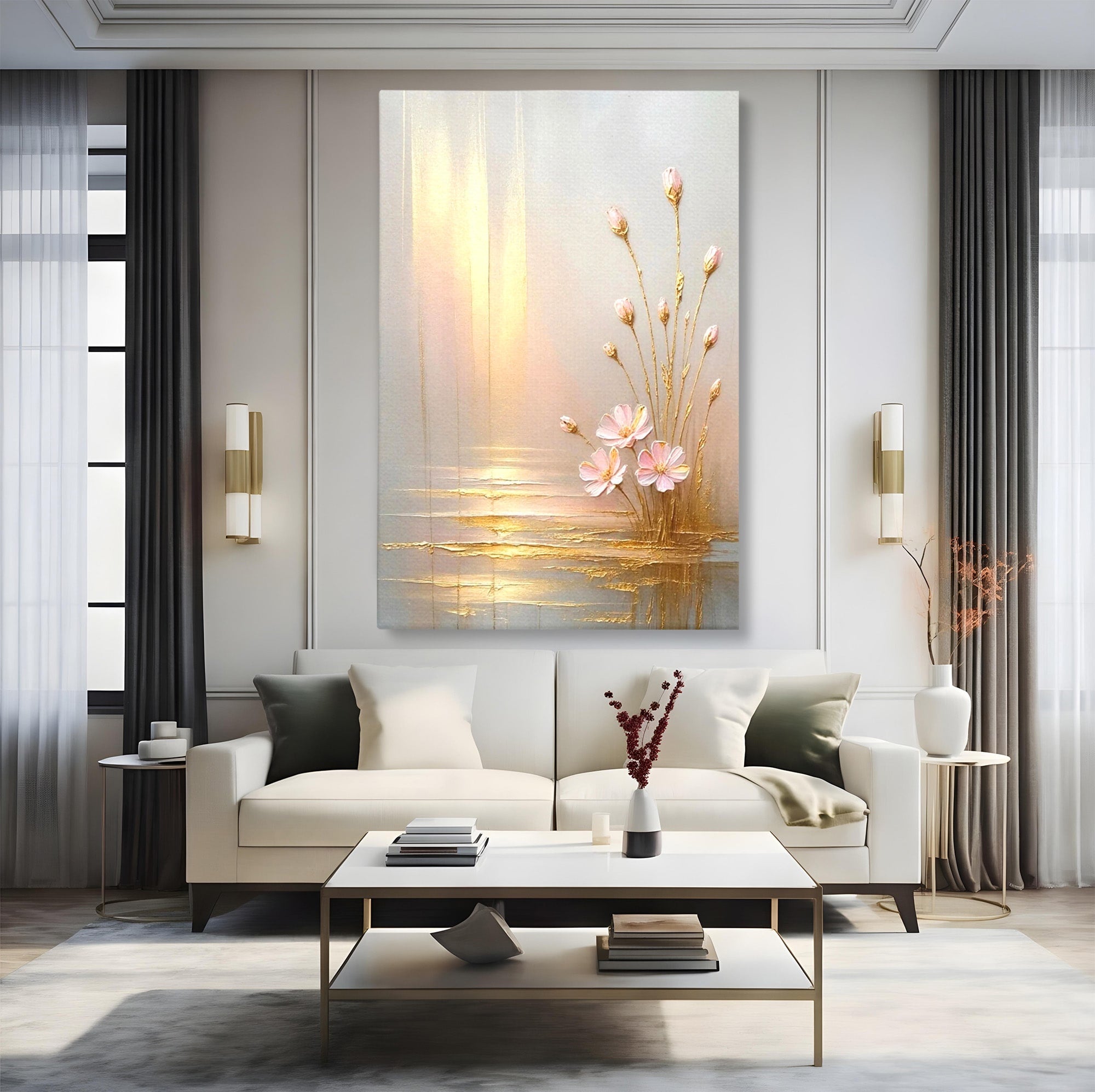 Tablou Canvas Premium LuxCanva® PI1343, Flori In Lumina Aurie, Lac, Primavara, Abstract, Eleganta, Culori Vibrante, Living, Dormitor