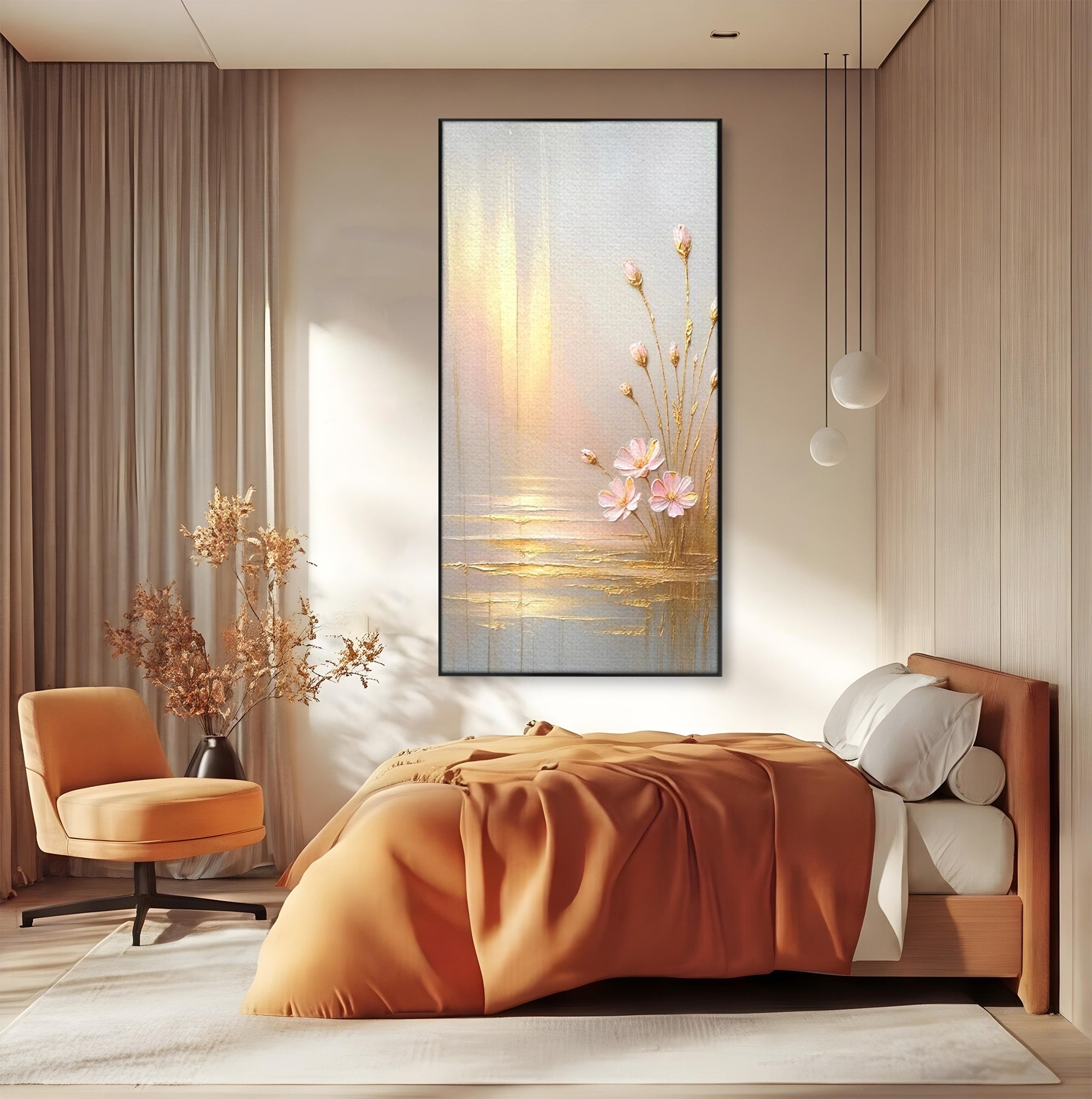 Tablou Canvas Premium LuxCanva® PI1343, Flori In Lumina Aurie, Lac, Primavara, Abstract, Eleganta, Culori Vibrante, Living, Dormitor