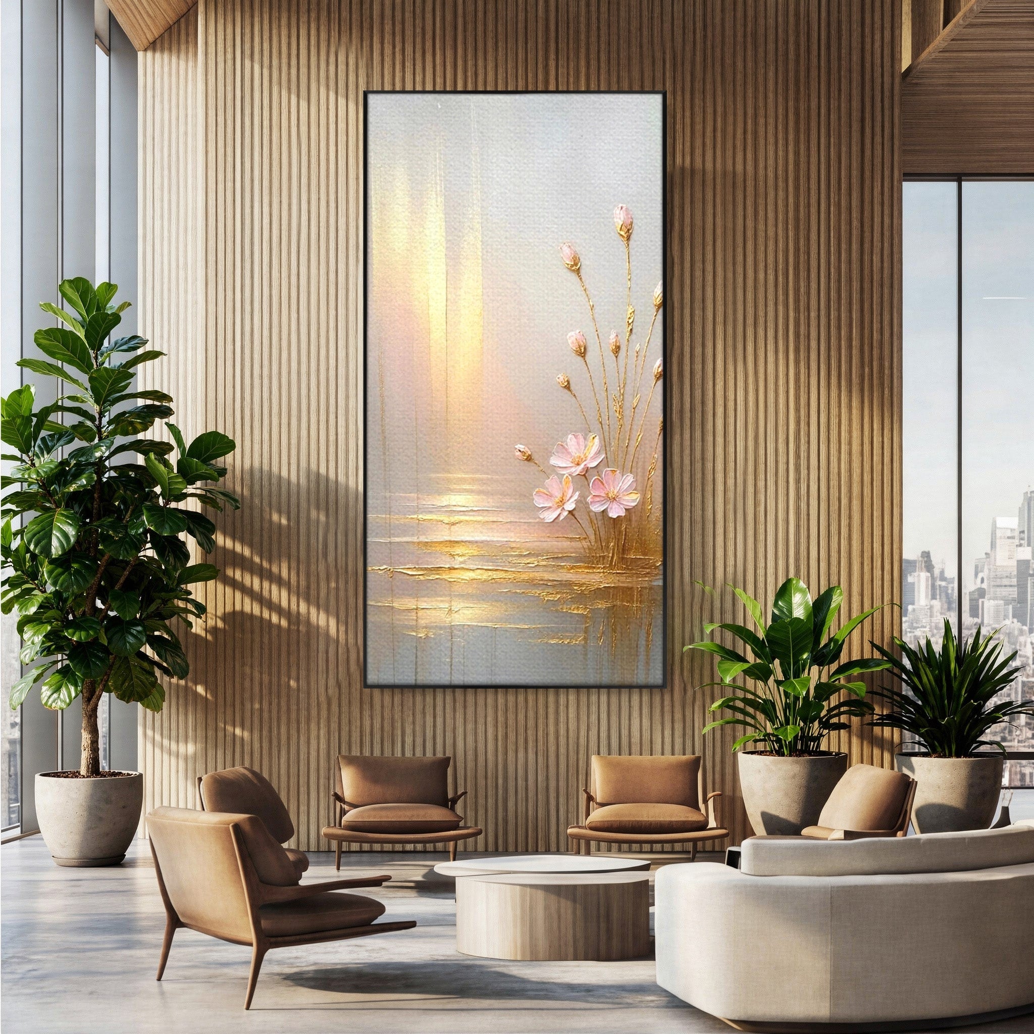 Tablou Canvas Premium LuxCanva® PI1343, Flori In Lumina Aurie, Lac, Primavara, Abstract, Eleganta, Culori Vibrante, Living, Dormitor