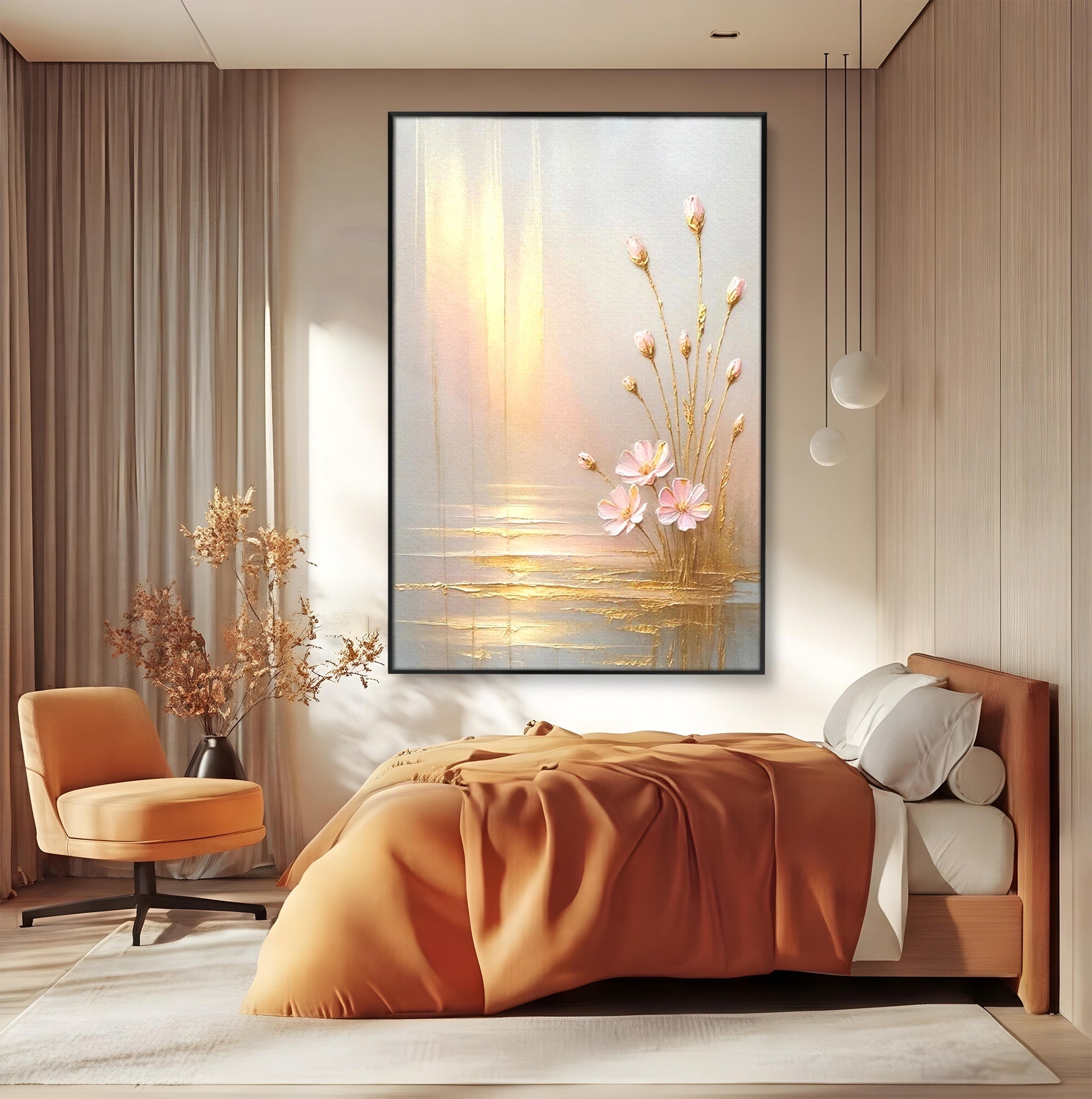 Tablou Canvas Premium LuxCanva® PI1343, Flori In Lumina Aurie, Lac, Primavara, Abstract, Eleganta, Culori Vibrante, Living, Dormitor