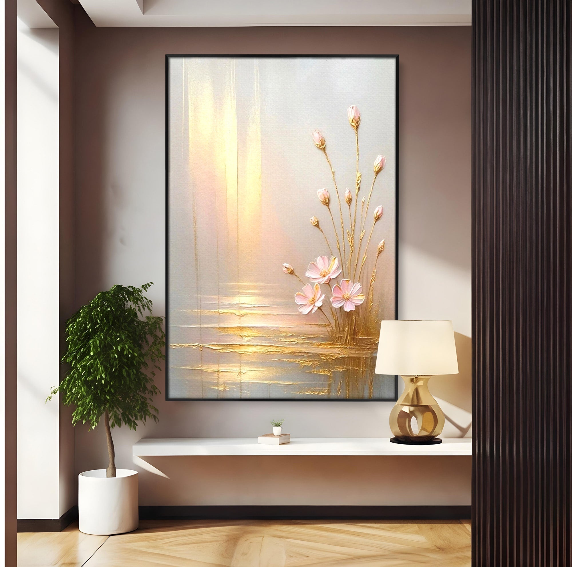 Tablou Canvas Premium LuxCanva® PI1343, Flori In Lumina Aurie, Lac, Primavara, Abstract, Eleganta, Culori Vibrante, Living, Dormitor
