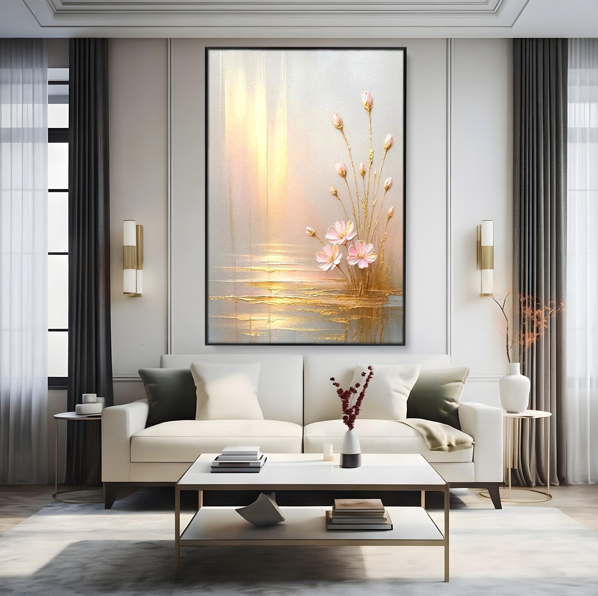 Tablou Canvas Premium LuxCanva® PI1343, Flori In Lumina Aurie, Lac, Primavara, Abstract, Eleganta, Culori Vibrante, Living, Dormitor