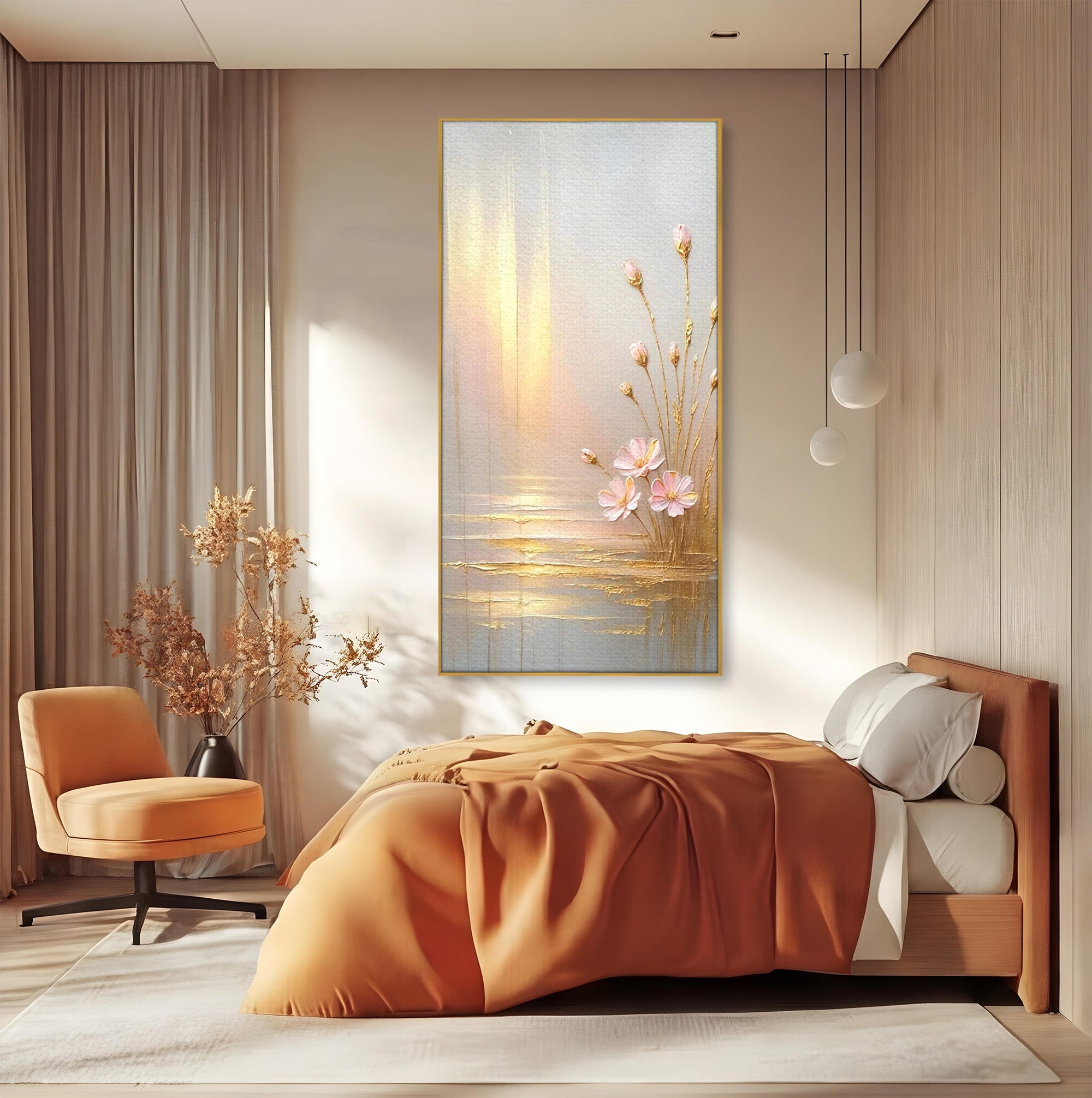 Tablou Canvas Premium LuxCanva® PI1343, Flori In Lumina Aurie, Lac, Primavara, Abstract, Eleganta, Culori Vibrante, Living, Dormitor
