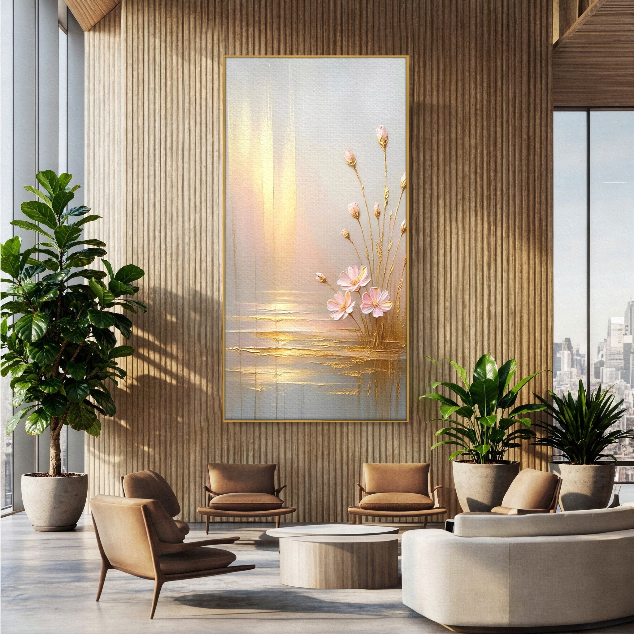 Tablou Canvas Premium LuxCanva® PI1343, Flori In Lumina Aurie, Lac, Primavara, Abstract, Eleganta, Culori Vibrante, Living, Dormitor