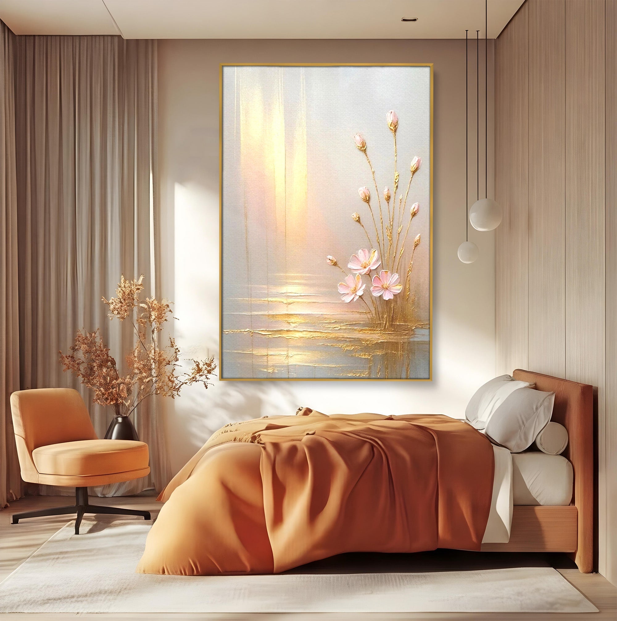 Tablou Canvas Premium LuxCanva® PI1343, Flori In Lumina Aurie, Lac, Primavara, Abstract, Eleganta, Culori Vibrante, Living, Dormitor