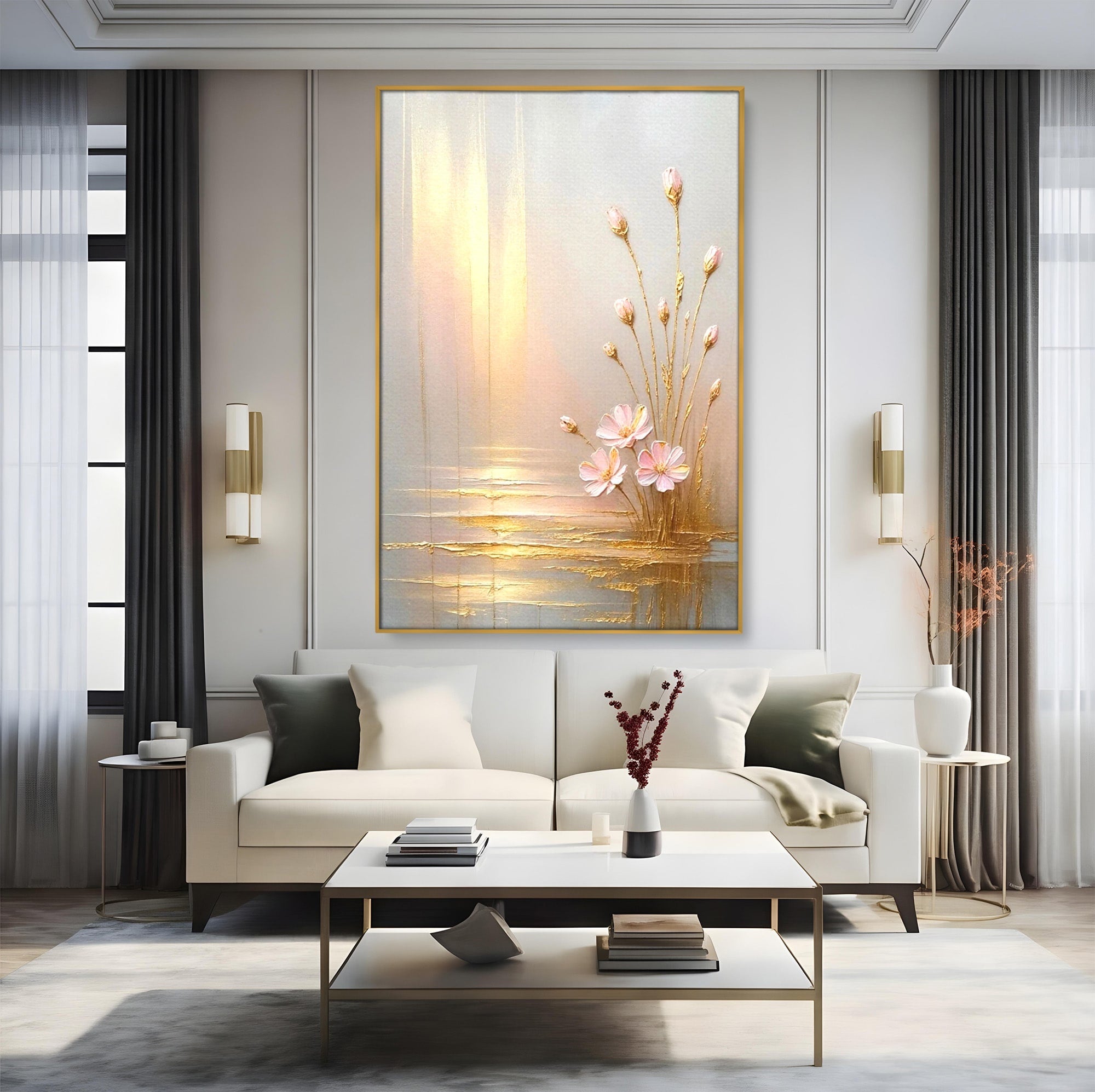 Tablou Canvas Premium LuxCanva® PI1343, Flori In Lumina Aurie, Lac, Primavara, Abstract, Eleganta, Culori Vibrante, Living, Dormitor