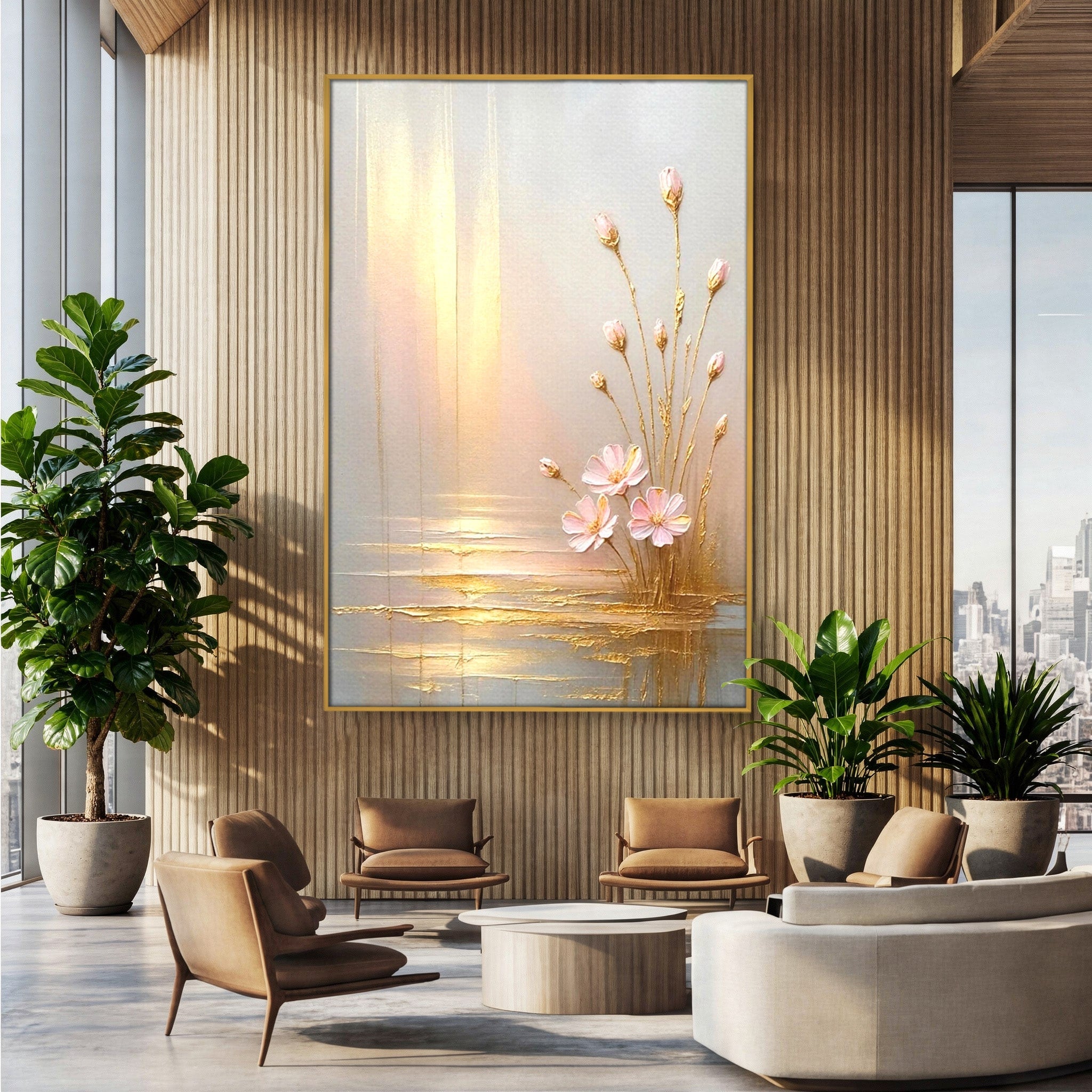 Tablou Canvas Premium LuxCanva® PI1343, Flori In Lumina Aurie, Lac, Primavara, Abstract, Eleganta, Culori Vibrante, Living, Dormitor