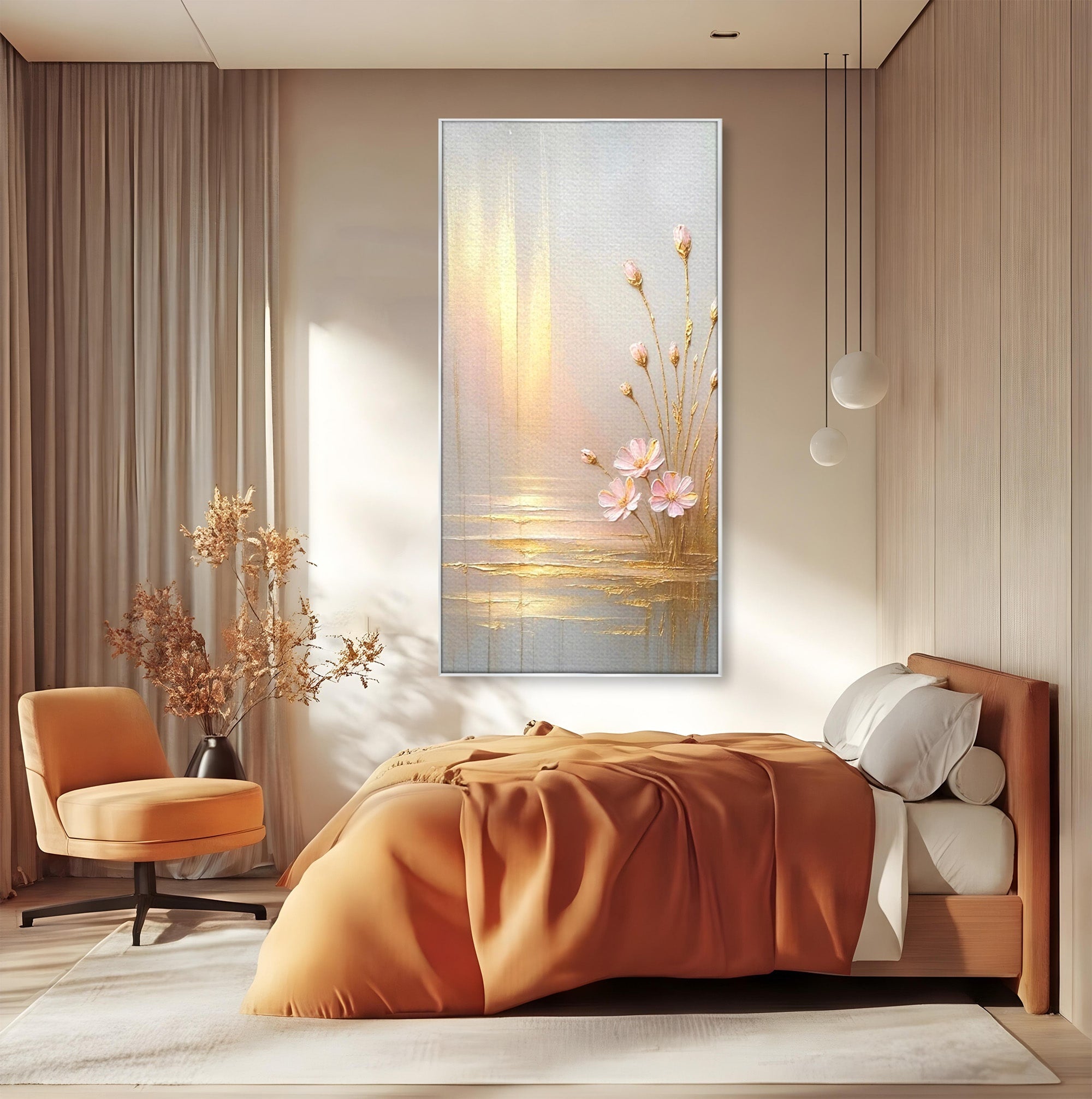 Tablou Canvas Premium LuxCanva® PI1343, Flori In Lumina Aurie, Lac, Primavara, Abstract, Eleganta, Culori Vibrante, Living, Dormitor