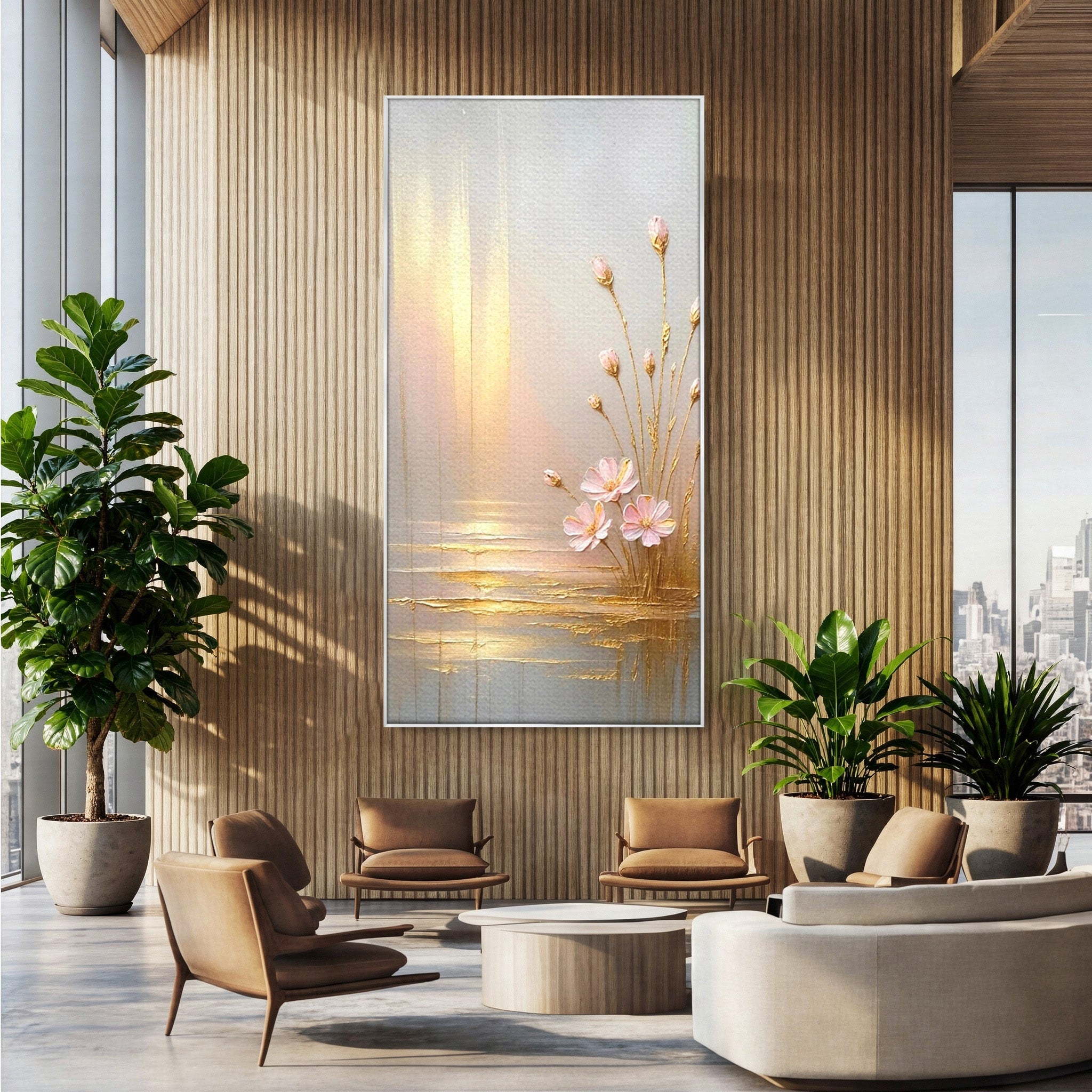 Tablou Canvas Premium LuxCanva® PI1343, Flori In Lumina Aurie, Lac, Primavara, Abstract, Eleganta, Culori Vibrante, Living, Dormitor