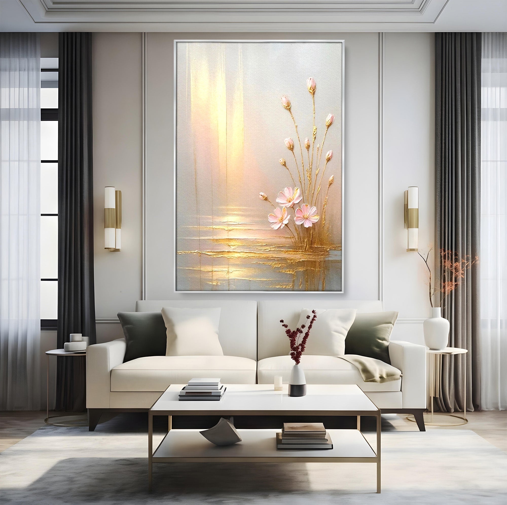 Tablou Canvas Premium LuxCanva® PI1343, Flori In Lumina Aurie, Lac, Primavara, Abstract, Eleganta, Culori Vibrante, Living, Dormitor