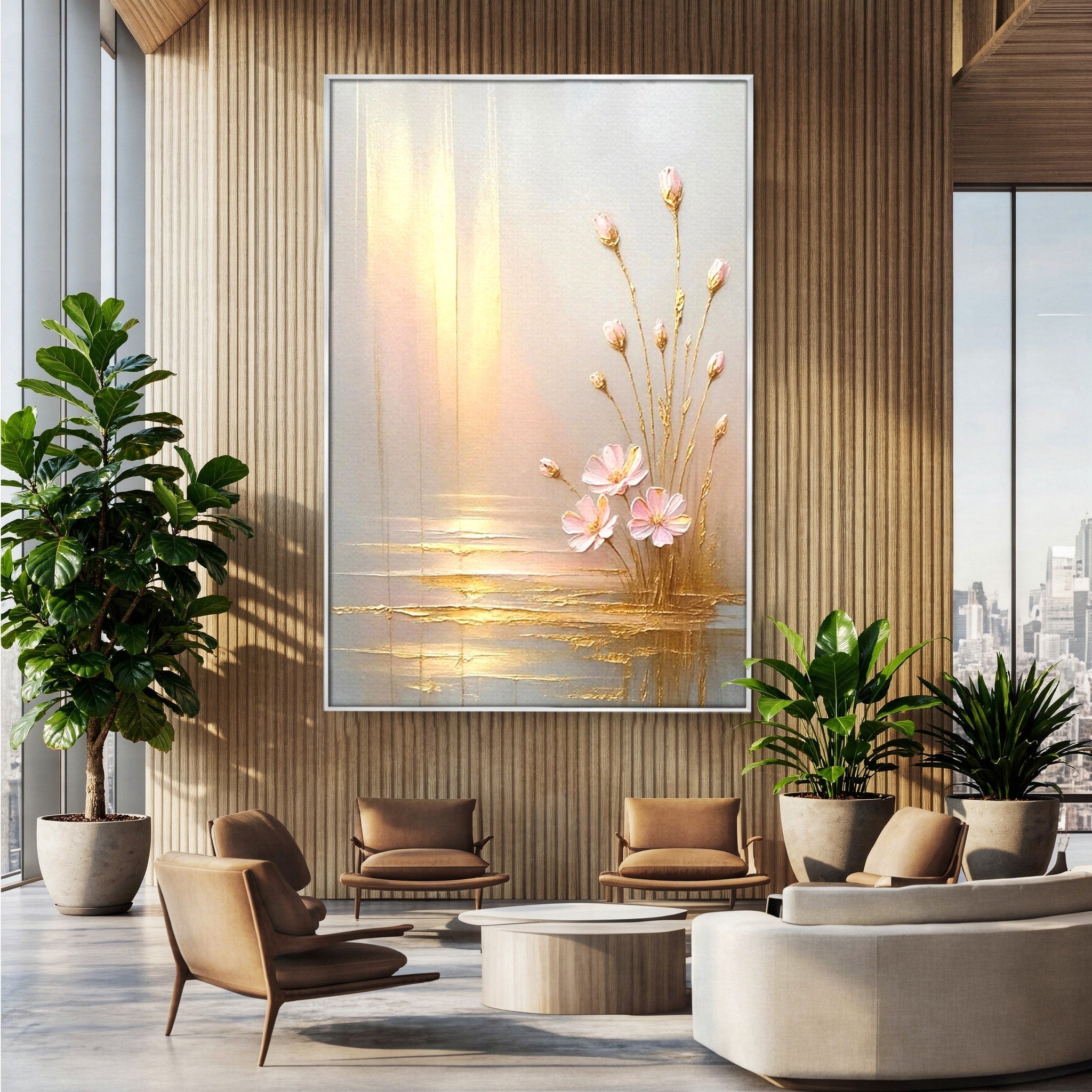 Tablou Canvas Premium LuxCanva® PI1343, Flori In Lumina Aurie, Lac, Primavara, Abstract, Eleganta, Culori Vibrante, Living, Dormitor