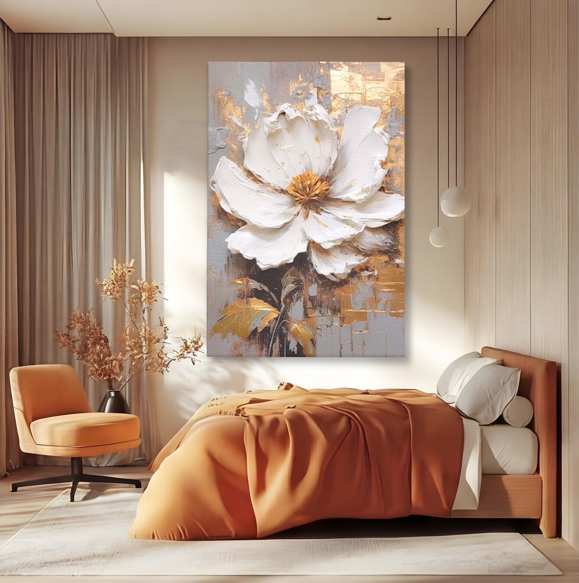 Tablou Canvas Premium LuxCanva® PI1345, Floare Aurie in Lumina, Petale, Abstract, Eleganta, Arta, Culori Vibrante, Living, Dormitor