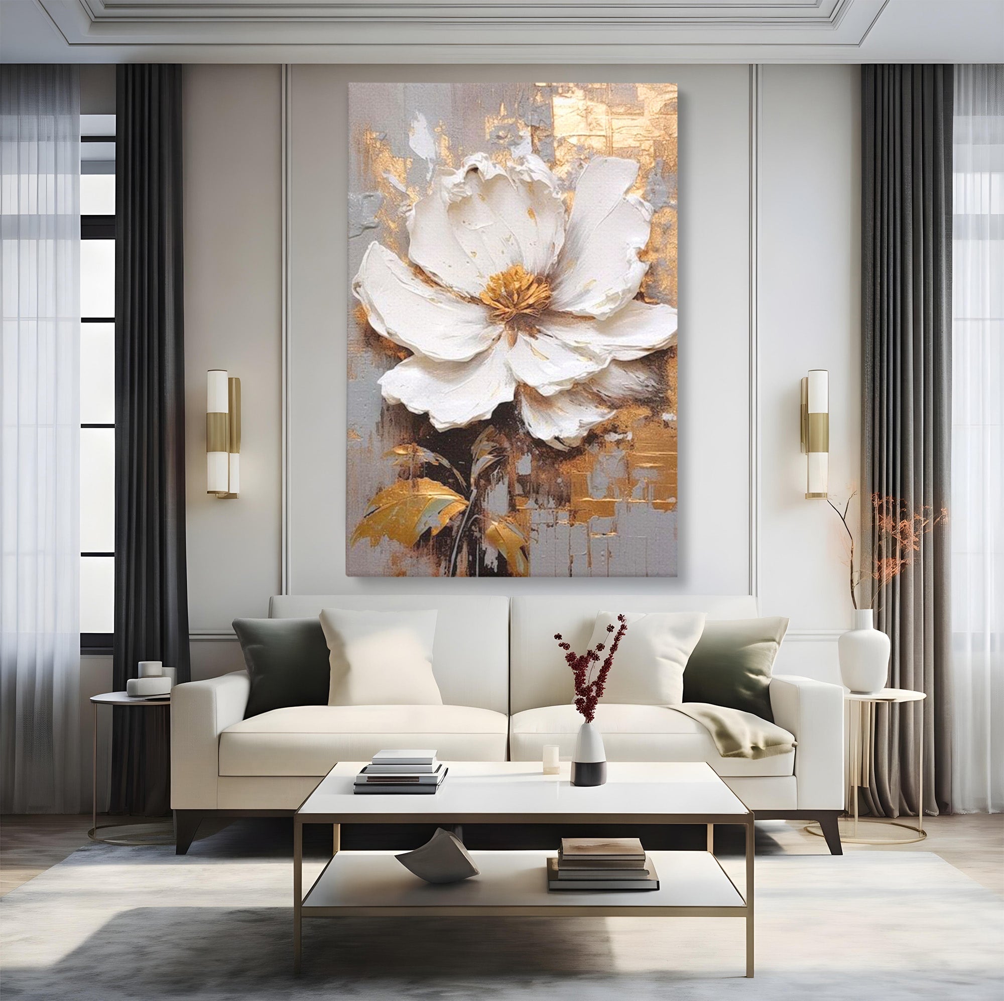 Tablou Canvas Premium LuxCanva® PI1345, Floare Aurie in Lumina, Petale, Abstract, Eleganta, Arta, Culori Vibrante, Living, Dormitor