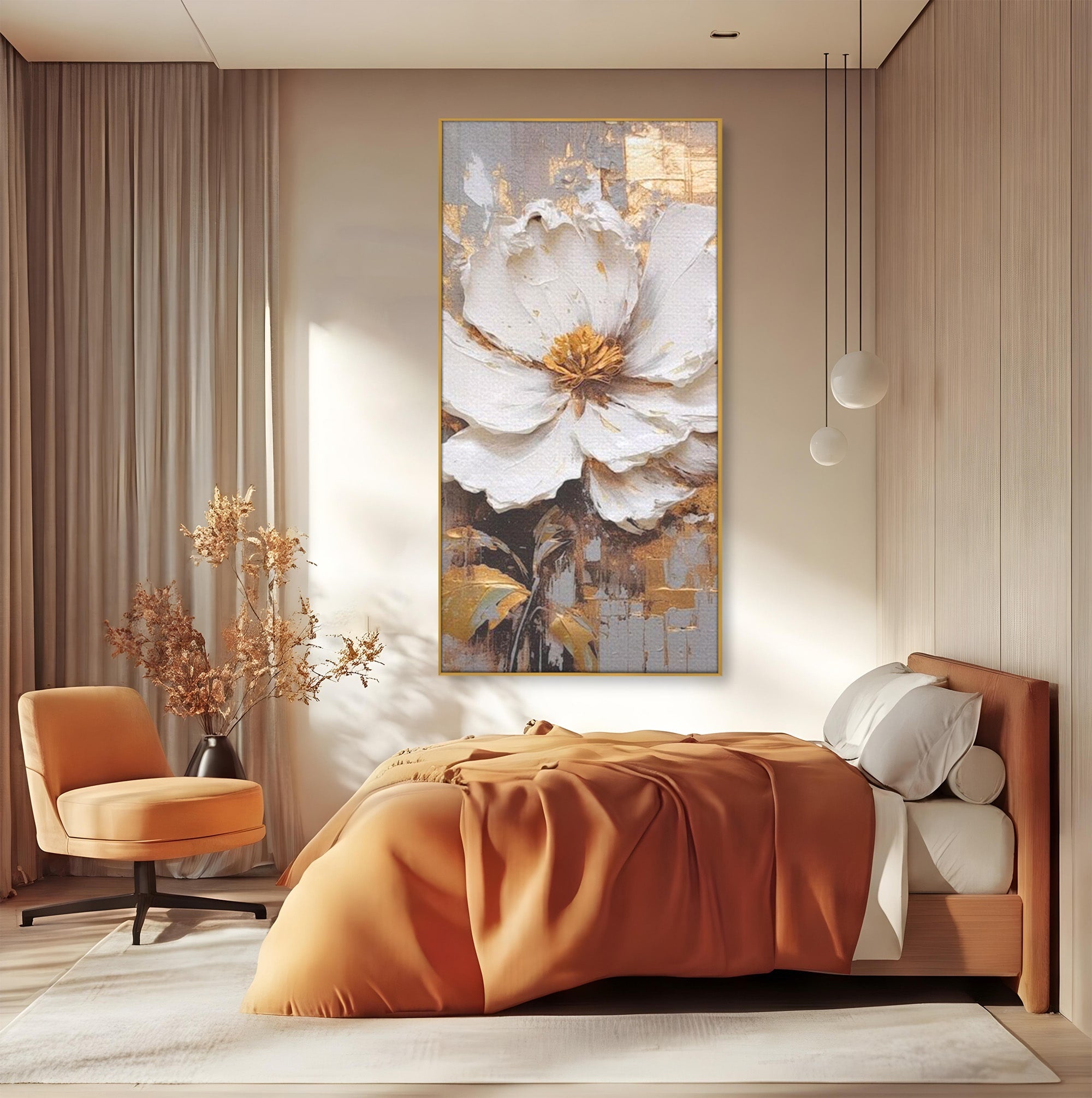 Tablou Canvas Premium LuxCanva® PI1345, Floare Aurie in Lumina, Petale, Abstract, Eleganta, Arta, Culori Vibrante, Living, Dormitor