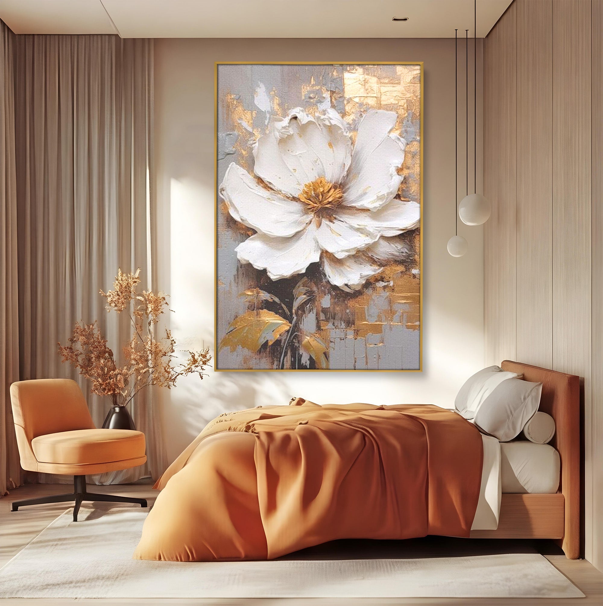 Tablou Canvas Premium LuxCanva® PI1345, Floare Aurie in Lumina, Petale, Abstract, Eleganta, Arta, Culori Vibrante, Living, Dormitor
