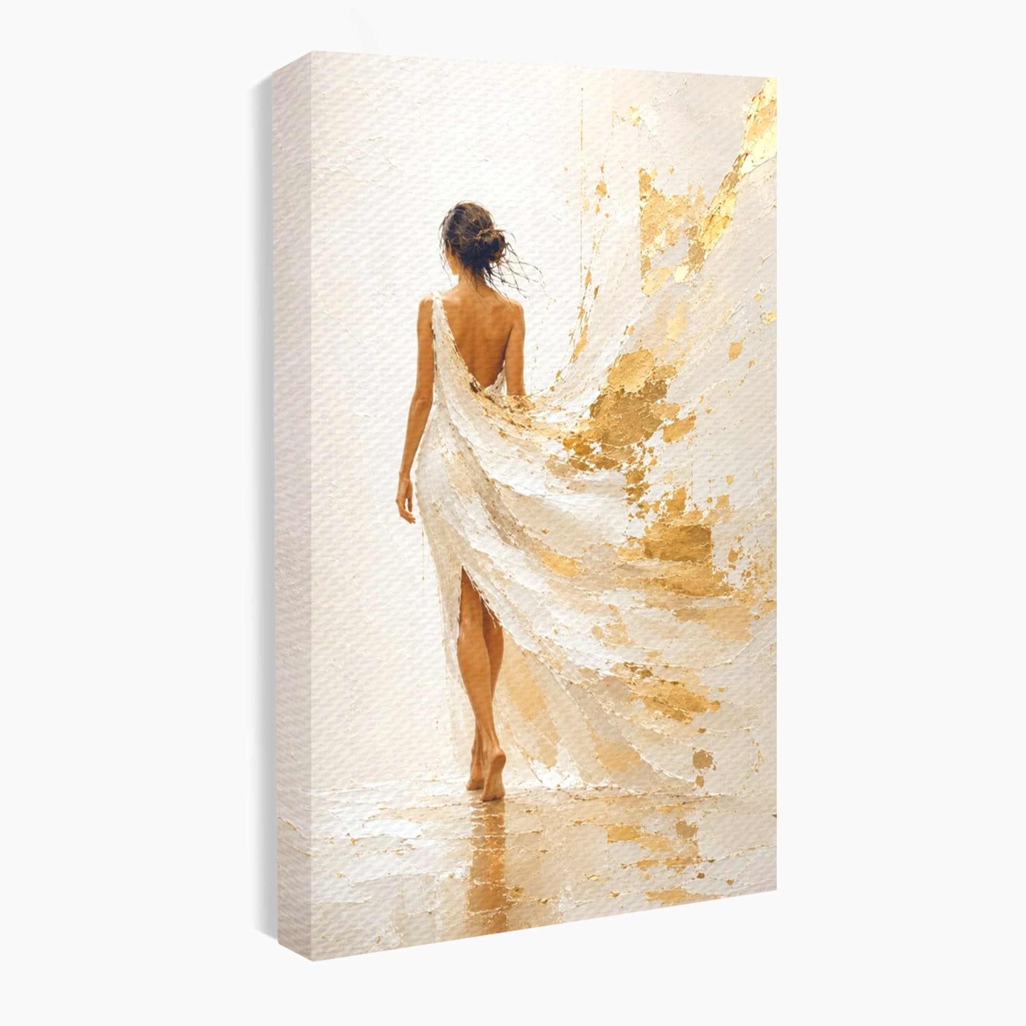 Tablou Canvas Premium LuxCanva® PI1346, Femeie In Rochie Aurie, Silueta, Eleganta, Arta, Auriu, Culori Vibrante, Living, Dormitor