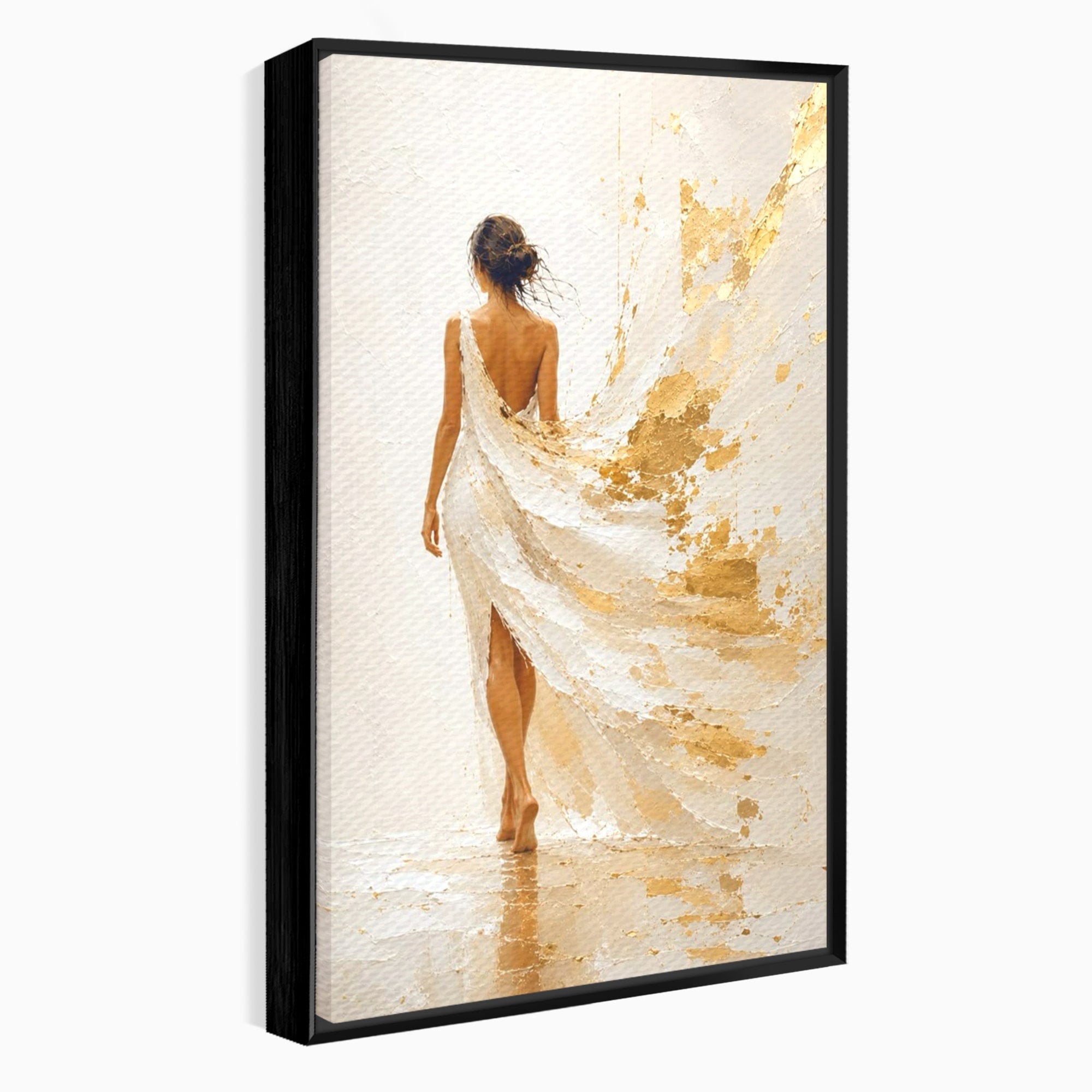 Tablou Canvas Premium LuxCanva® PI1346, Femeie In Rochie Aurie, Silueta, Eleganta, Arta, Auriu, Culori Vibrante, Living, Dormitor