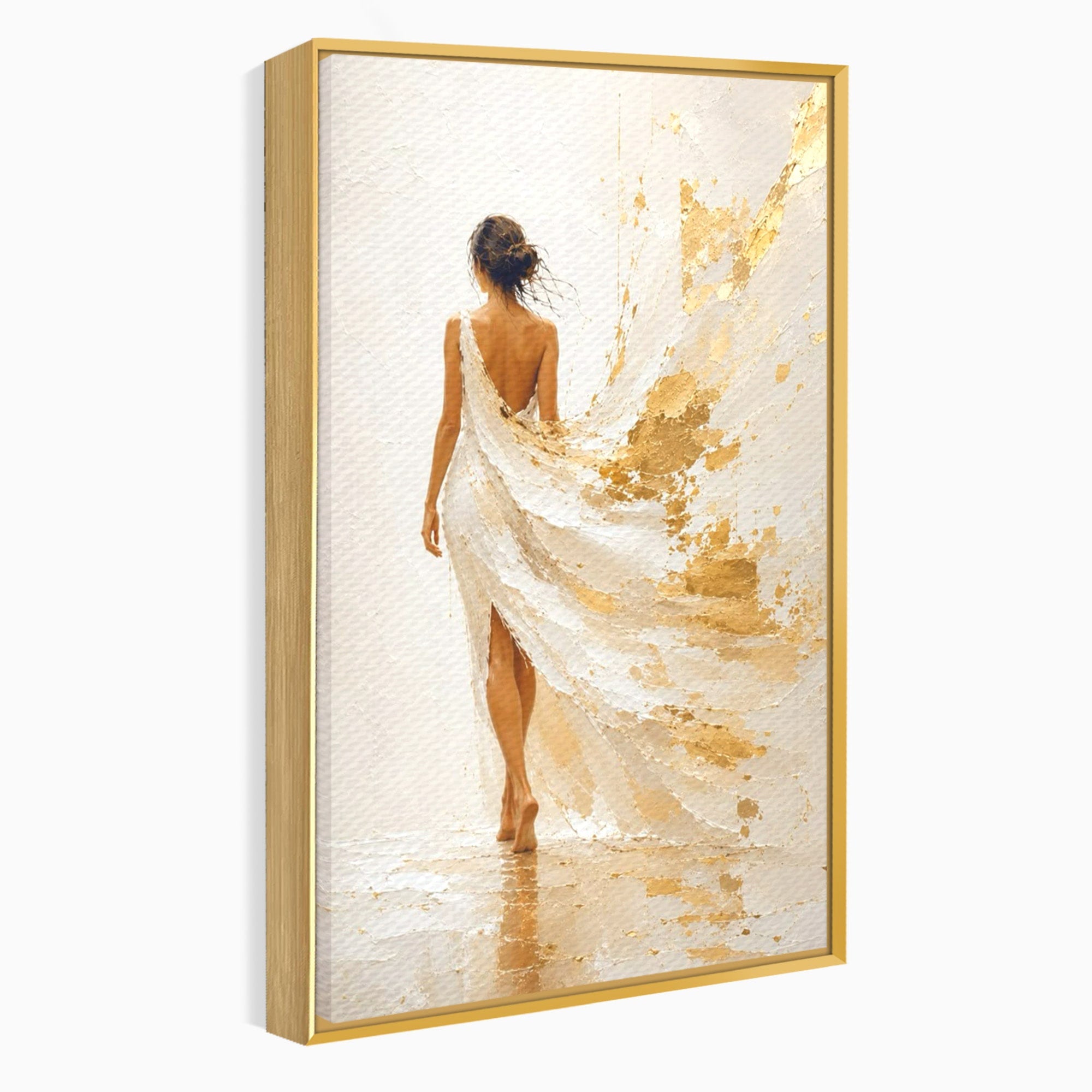 Tablou Canvas Premium LuxCanva® PI1346, Femeie In Rochie Aurie, Silueta, Eleganta, Arta, Auriu, Culori Vibrante, Living, Dormitor