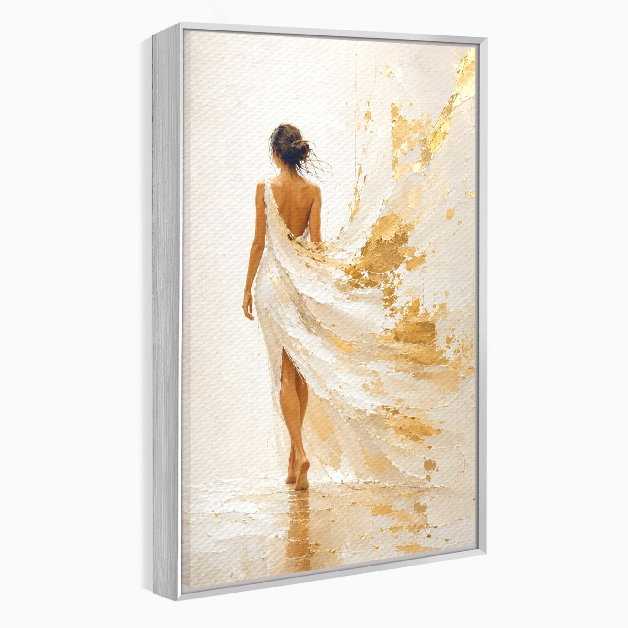 Tablou Canvas Premium LuxCanva® PI1346, Femeie In Rochie Aurie, Silueta, Eleganta, Arta, Auriu, Culori Vibrante, Living, Dormitor