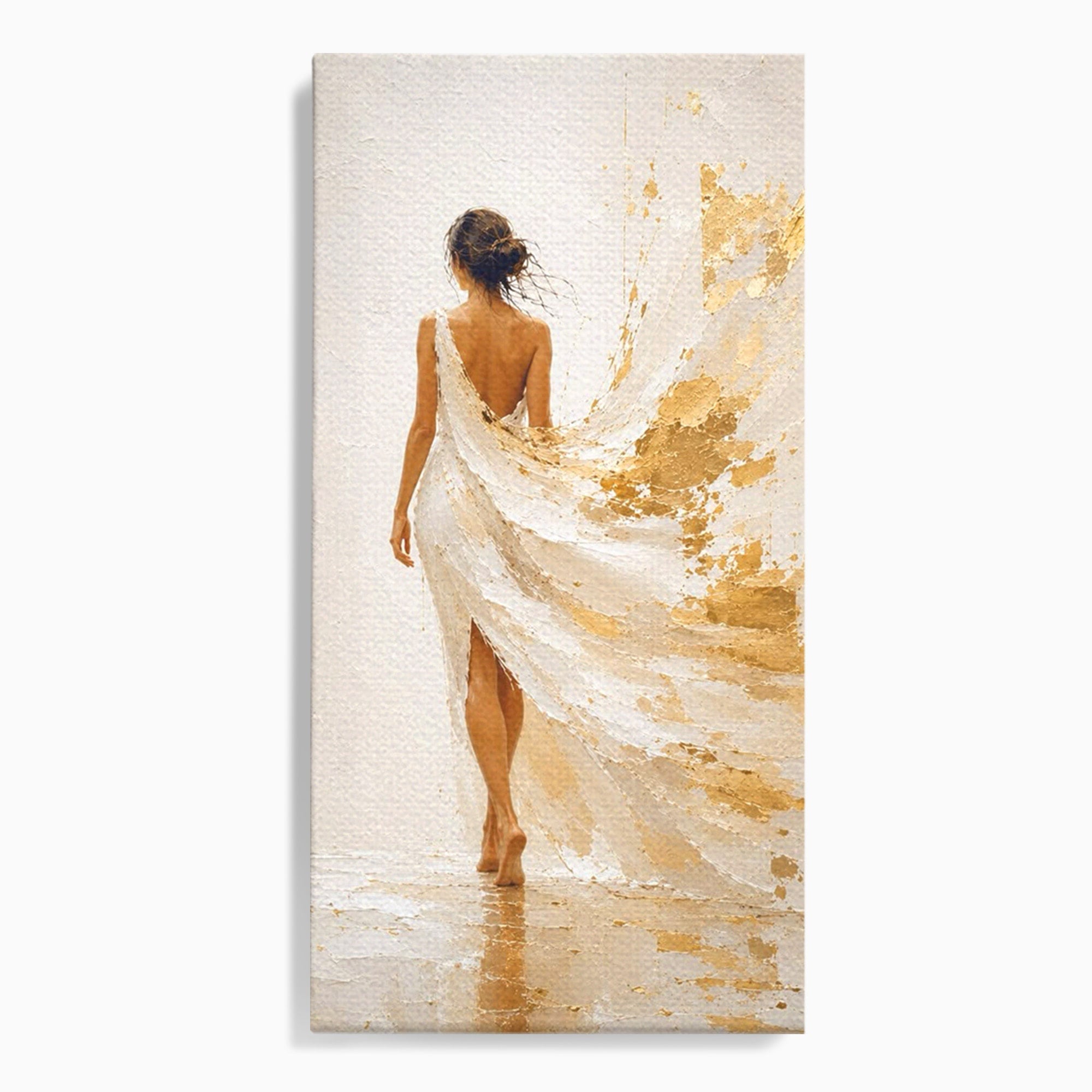 Tablou Canvas Premium LuxCanva® PI1346, Femeie In Rochie Aurie, Silueta, Eleganta, Arta, Auriu, Culori Vibrante, Living, Dormitor