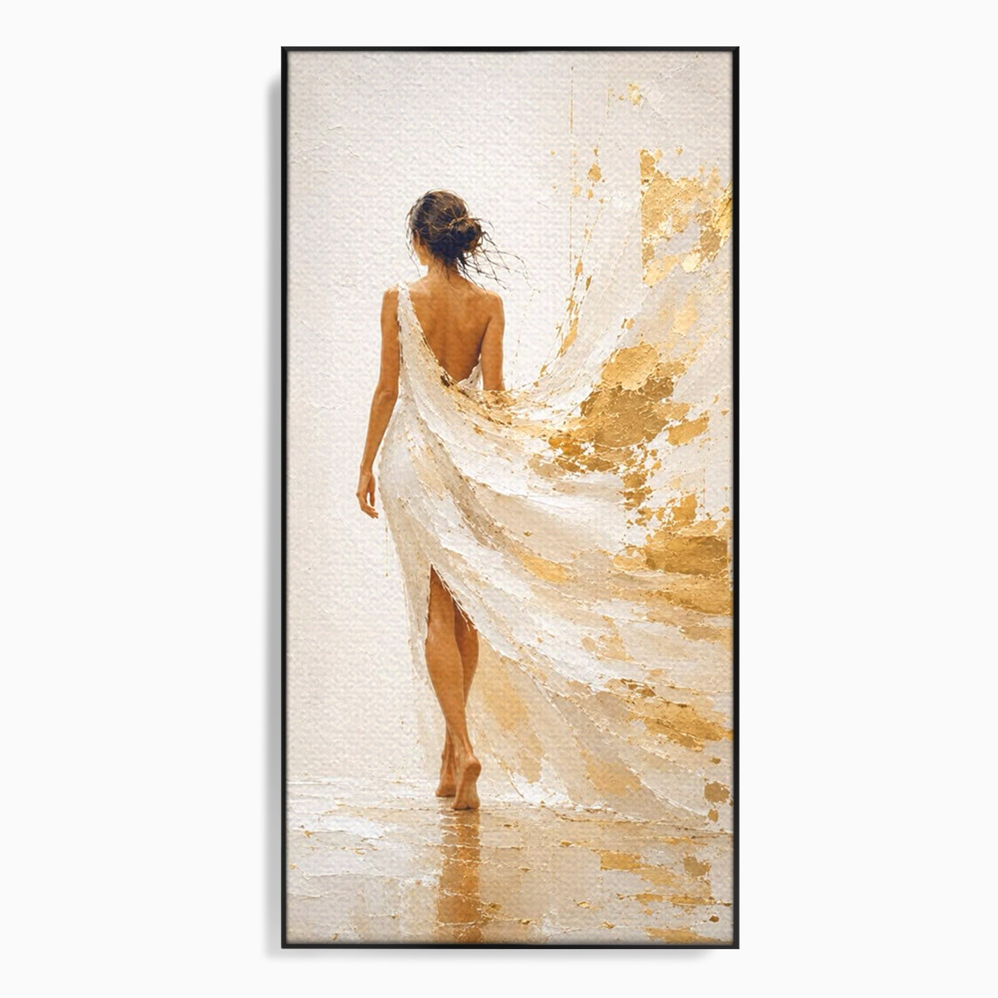 Tablou Canvas Premium LuxCanva® PI1346, Femeie In Rochie Aurie, Silueta, Eleganta, Arta, Auriu, Culori Vibrante, Living, Dormitor