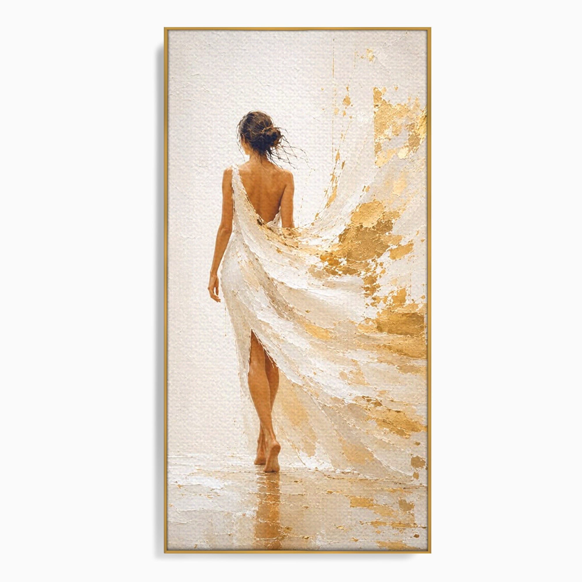 Tablou Canvas Premium LuxCanva® PI1346, Femeie In Rochie Aurie, Silueta, Eleganta, Arta, Auriu, Culori Vibrante, Living, Dormitor