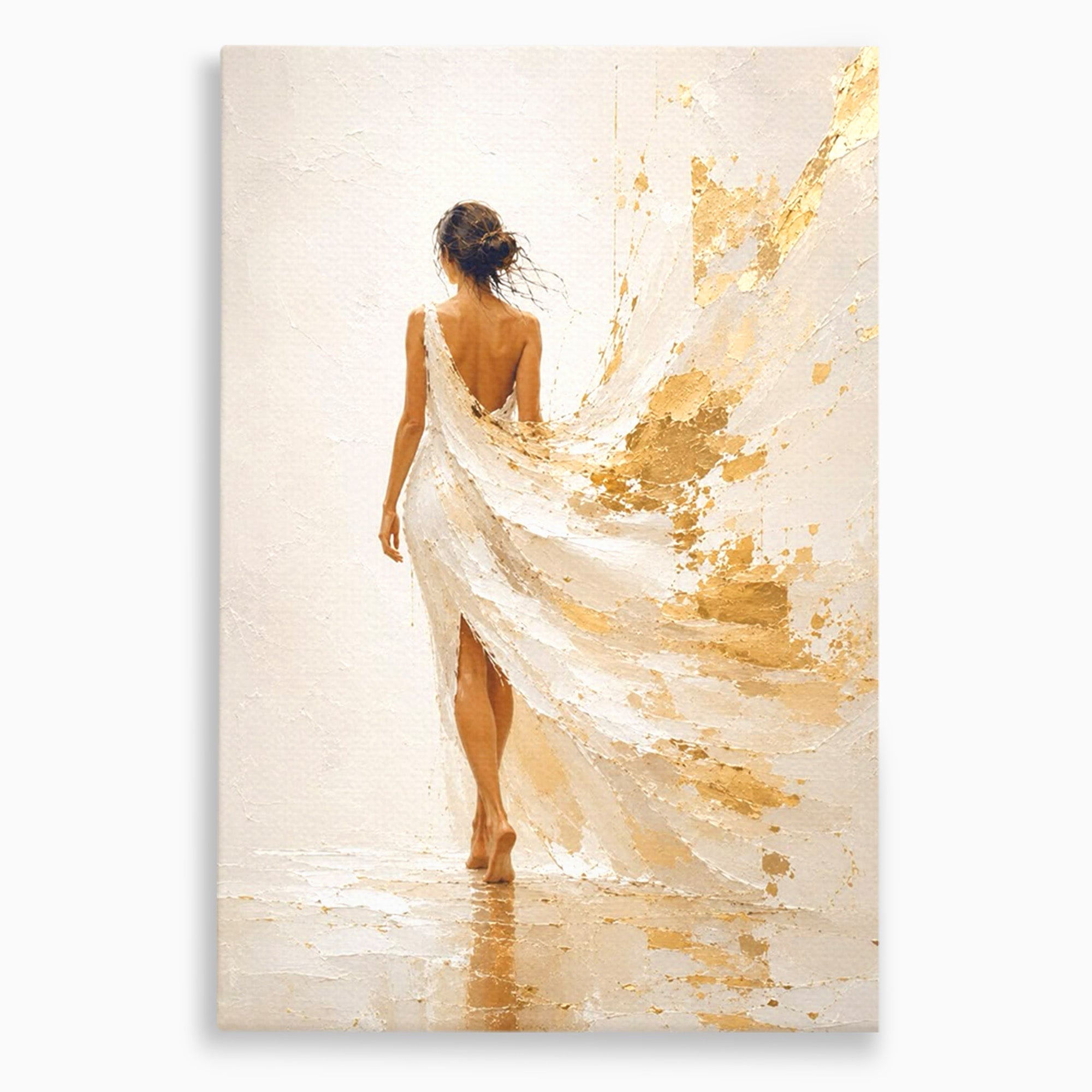 Tablou Canvas Premium LuxCanva® PI1346, Femeie In Rochie Aurie, Silueta, Eleganta, Arta, Auriu, Culori Vibrante, Living, Dormitor