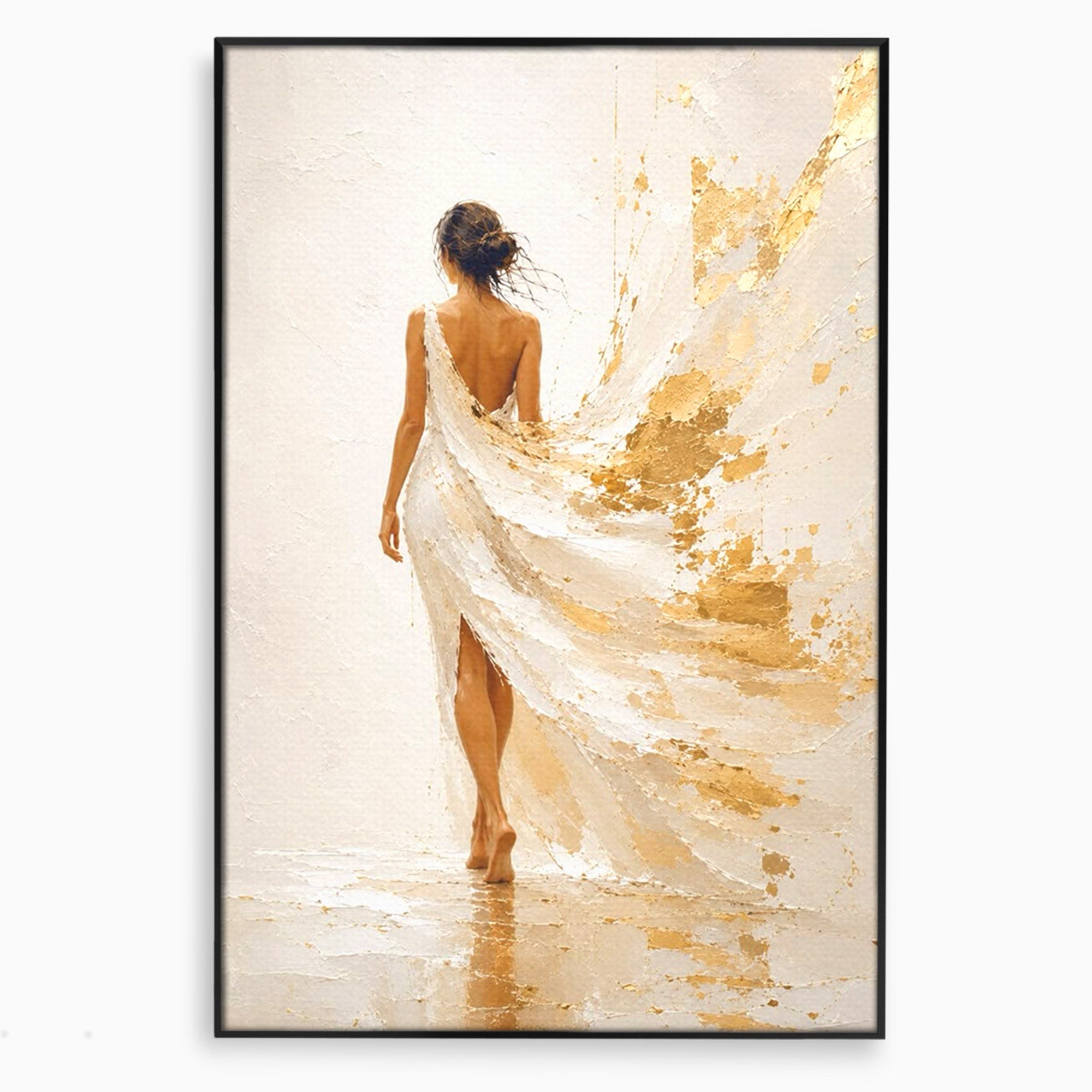 Tablou Canvas Premium LuxCanva® PI1346, Femeie In Rochie Aurie, Silueta, Eleganta, Arta, Auriu, Culori Vibrante, Living, Dormitor