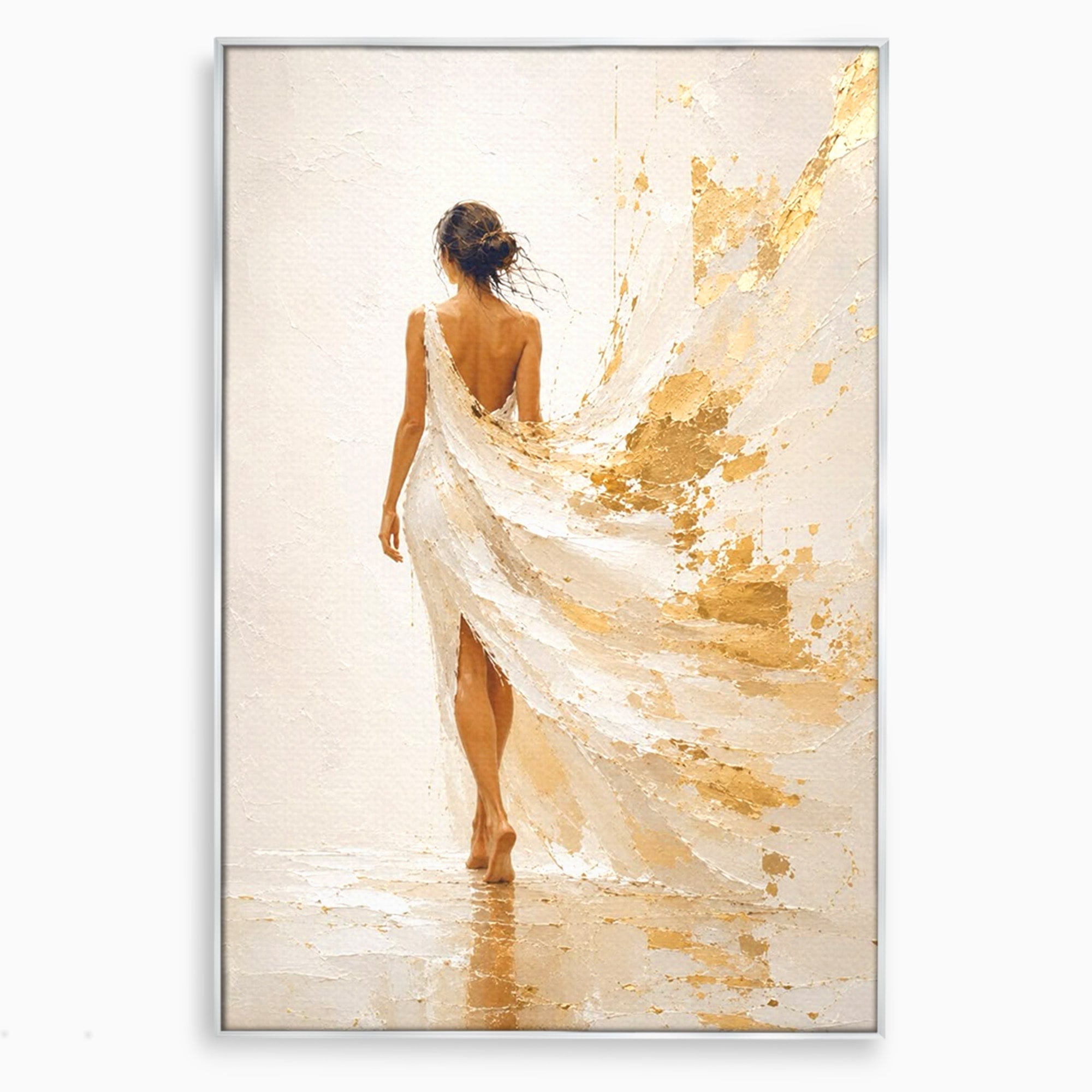 Tablou Canvas Premium LuxCanva® PI1346, Femeie In Rochie Aurie, Silueta, Eleganta, Arta, Auriu, Culori Vibrante, Living, Dormitor