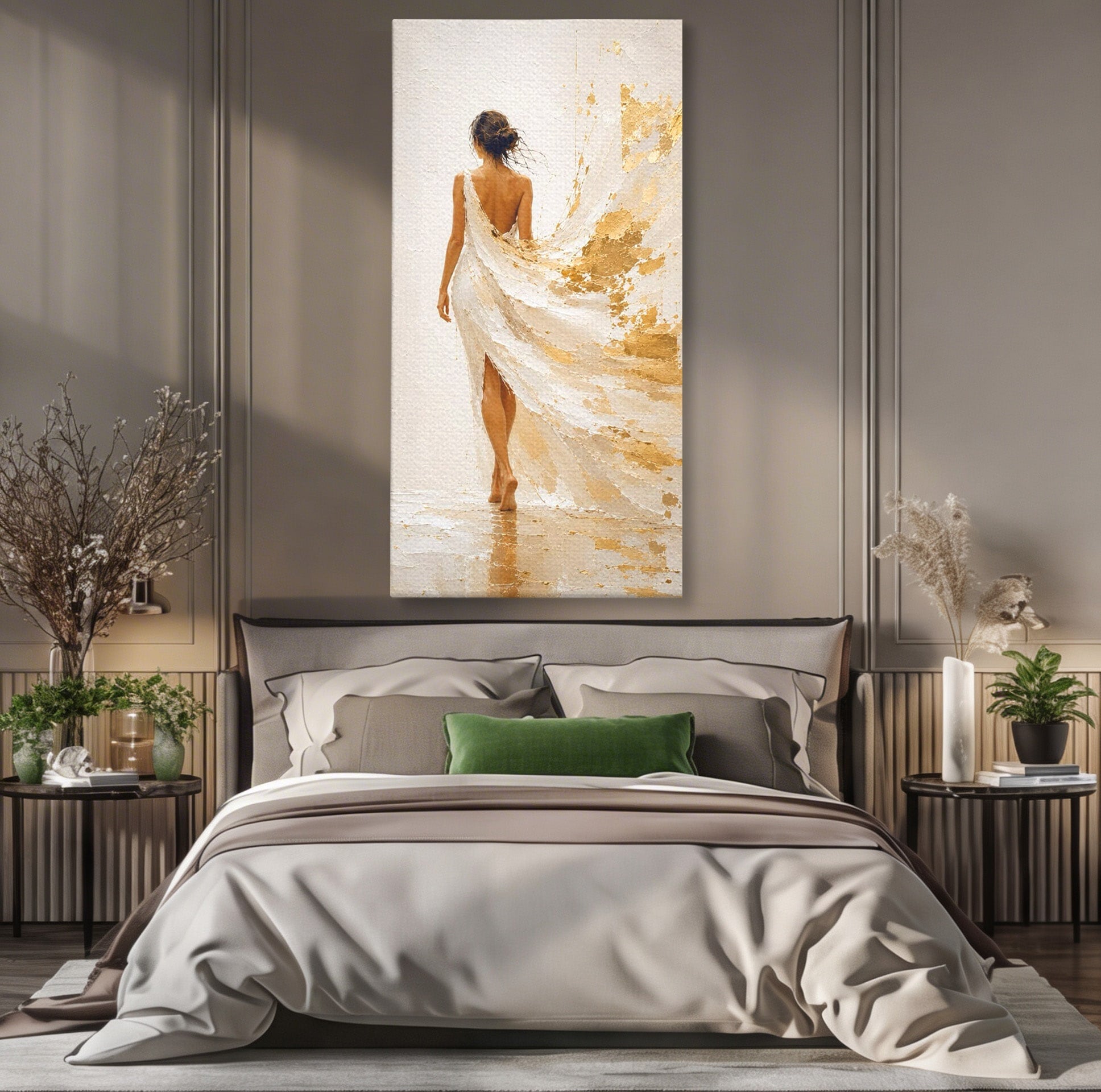 Tablou Canvas Premium LuxCanva® PI1346, Femeie In Rochie Aurie, Silueta, Eleganta, Arta, Auriu, Culori Vibrante, Living, Dormitor