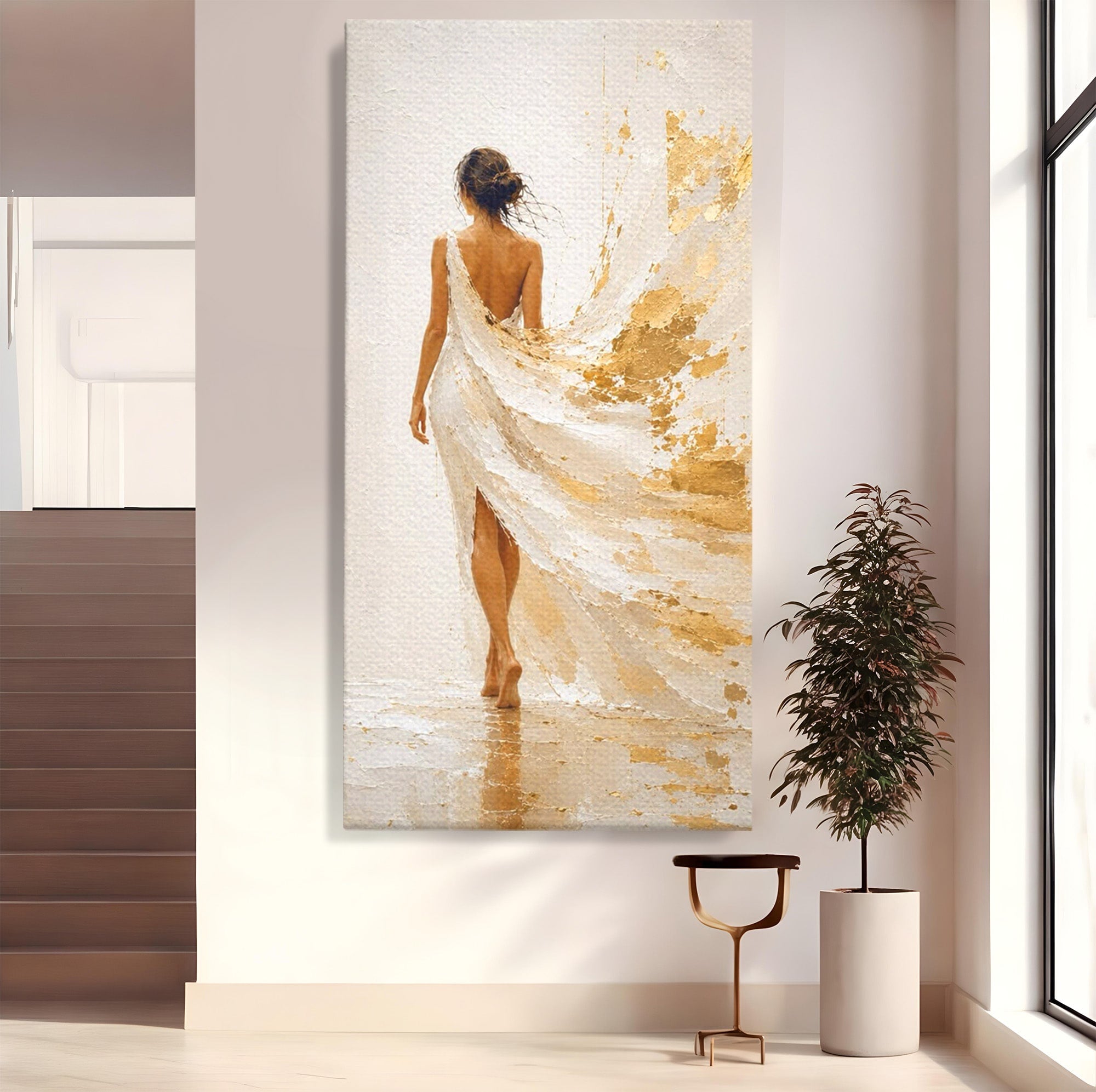 Tablou Canvas Premium LuxCanva® PI1346, Femeie In Rochie Aurie, Silueta, Eleganta, Arta, Auriu, Culori Vibrante, Living, Dormitor